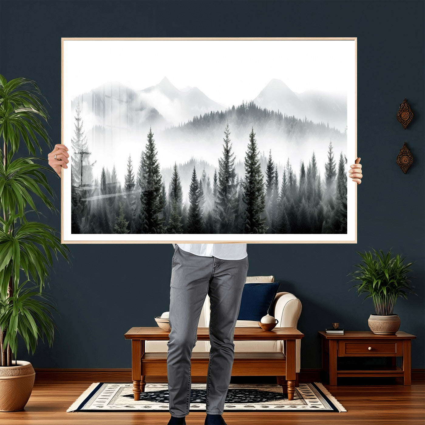 38819032-MGV-CV-36X24 - Misty Pine Forest Mountain Landscape Wall Art Canvas Print, Foggy Evergreen Trees Minimal Nature Canvas Print, Monochrome Wilderness Scenic Art Printing