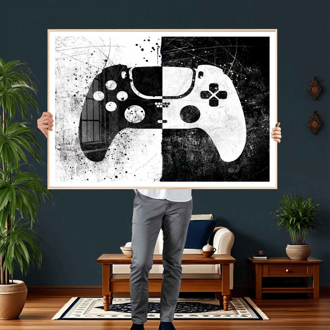 17525128-MGV-CV-36X24 - Abstract Gaming Controller Wall Art Canvas Print, Black White Video Game Controller Modern Canvas Print, Minimal Gamer Graphic Art Printing