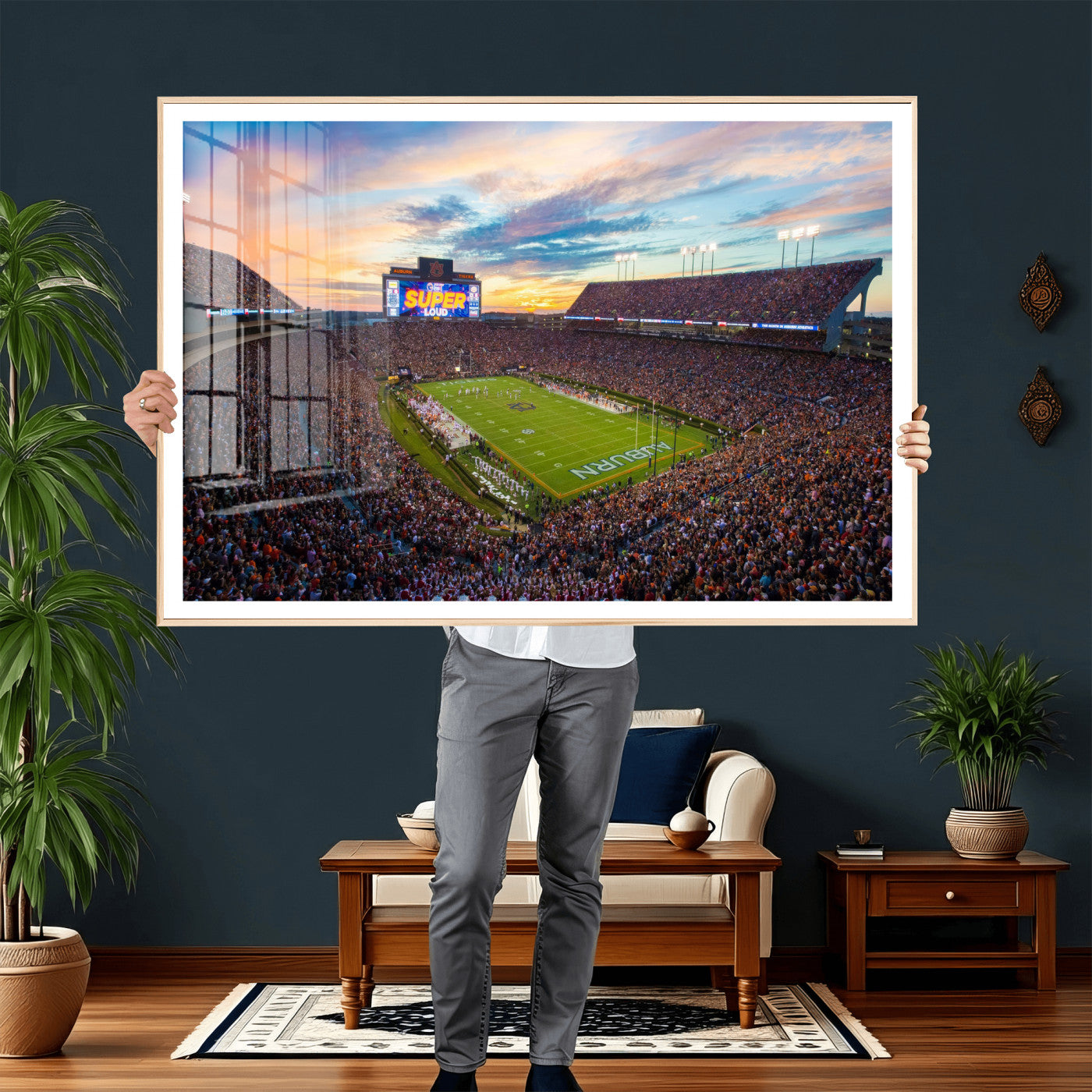 75203764-MGV-CV-36X24 - Auburn Stadium Sunset Wall Art Canvas Print, Jordan Hare Stadium Game Day Crowd, Auburn Tigers Football Artwork