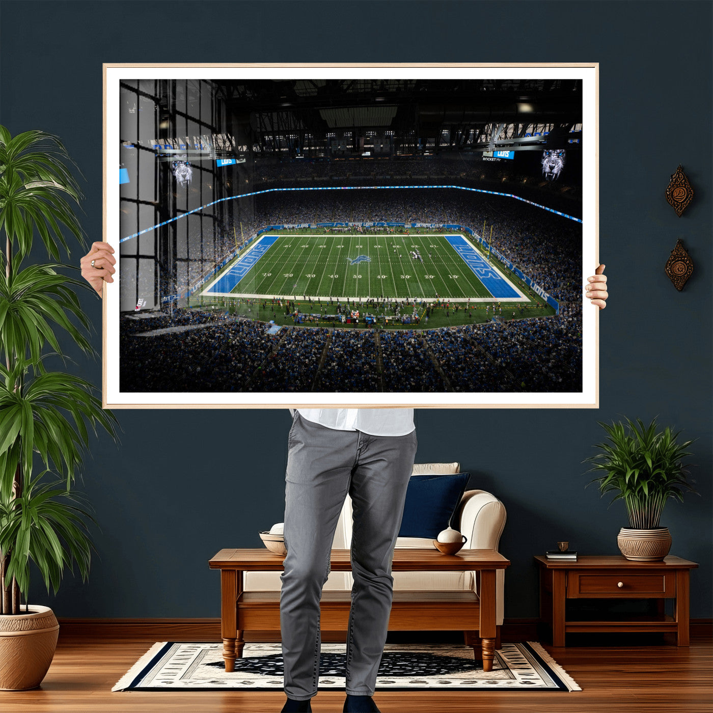 16709602-MGV-CV-36X24 - Detroit Lions Stadium Wall Art Canvas Print, Football Field Panorama Artwork, NFL Game Night Stadium Decor