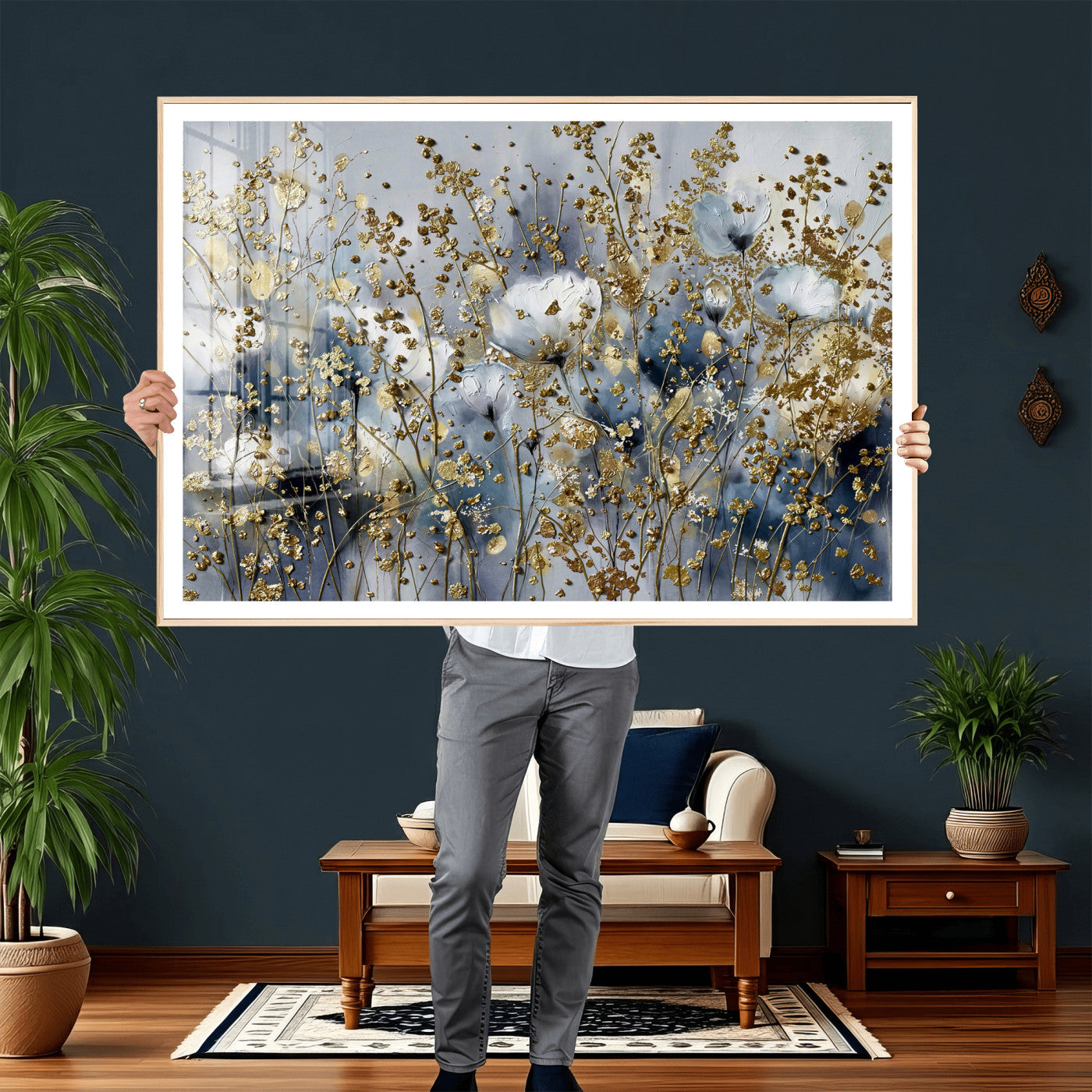 24499670-MGV-CV-36X24 - Abstract Floral Wall Art Canvas Print – Gold and Blue Botanical Artwork for Living Room, Bedroom, and Office Decor