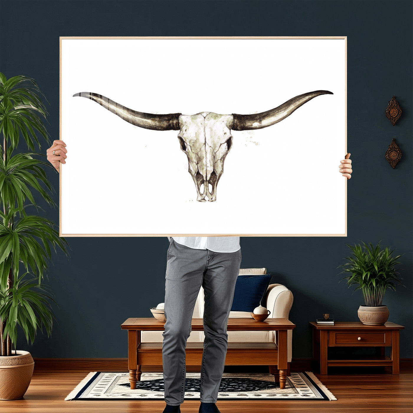 42788678A-MGV-CV-36X24 - Longhorn Skull Wall Art Canvas Print – Rustic Western Artwork Print for Living Room Wall Decor