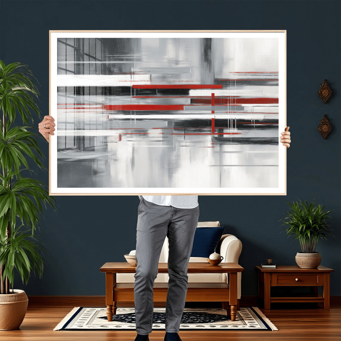 62640681-MGV-CV-36X24 - Gray Red Abstract Wall Art Canvas Print, Modern Abstract Canvas Wall Decor for Contemporary Living Room and Office