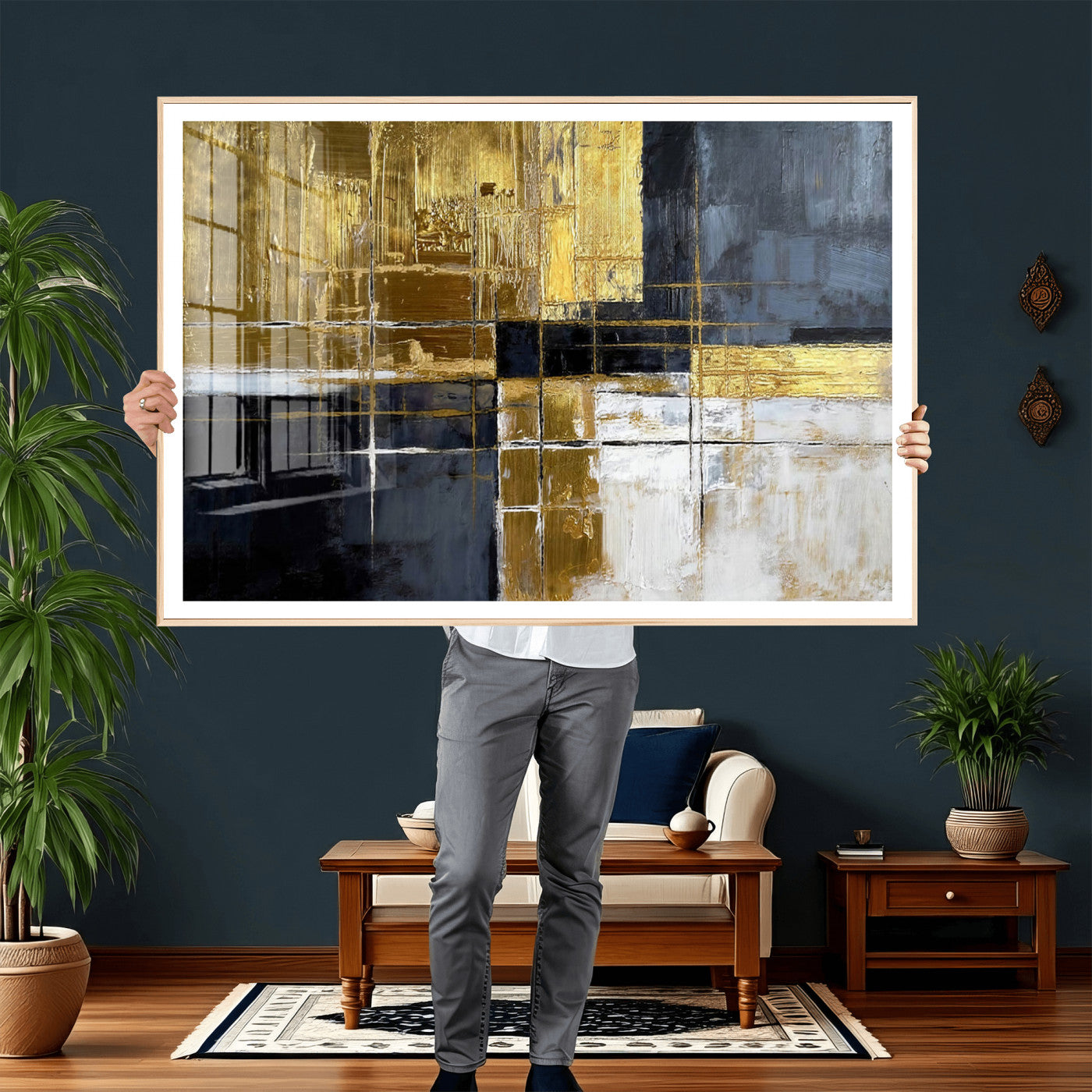 76917030-MGV-CV-36X24 - Gold Navy Abstract Wall Art Canvas Print, Modern Luxury Geometric Painting Wall Decor for Living Room and Office
