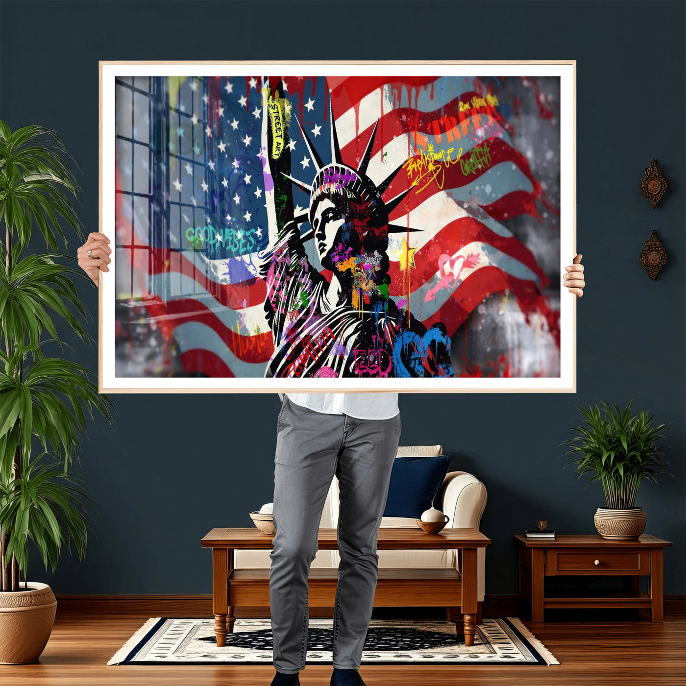 32151941-MGV-CV-36X24 - USA Statue of Liberty Graffiti Street Art Wall Art Canvas Print, American Flag Urban Pop Art Canvas Print, Modern Patriotic Street Art Contemporary Art Printing