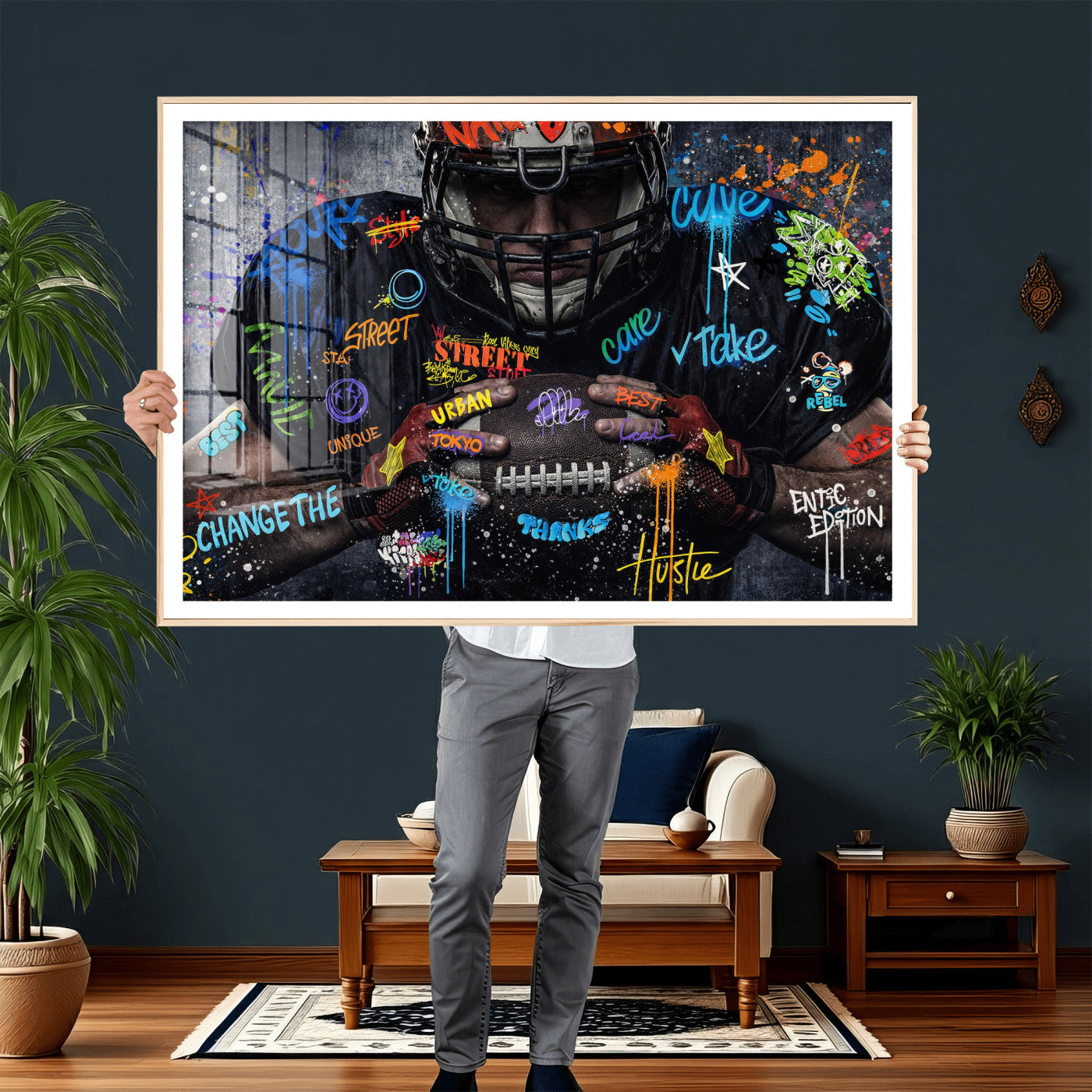 55267256-MGV-CV-36X24 - Graffiti American Football Player Street Art Wall Art Canvas Print, Urban Sports Pop Art Football Canvas Print, Modern Athletic Graffiti Contemporary Art Printing