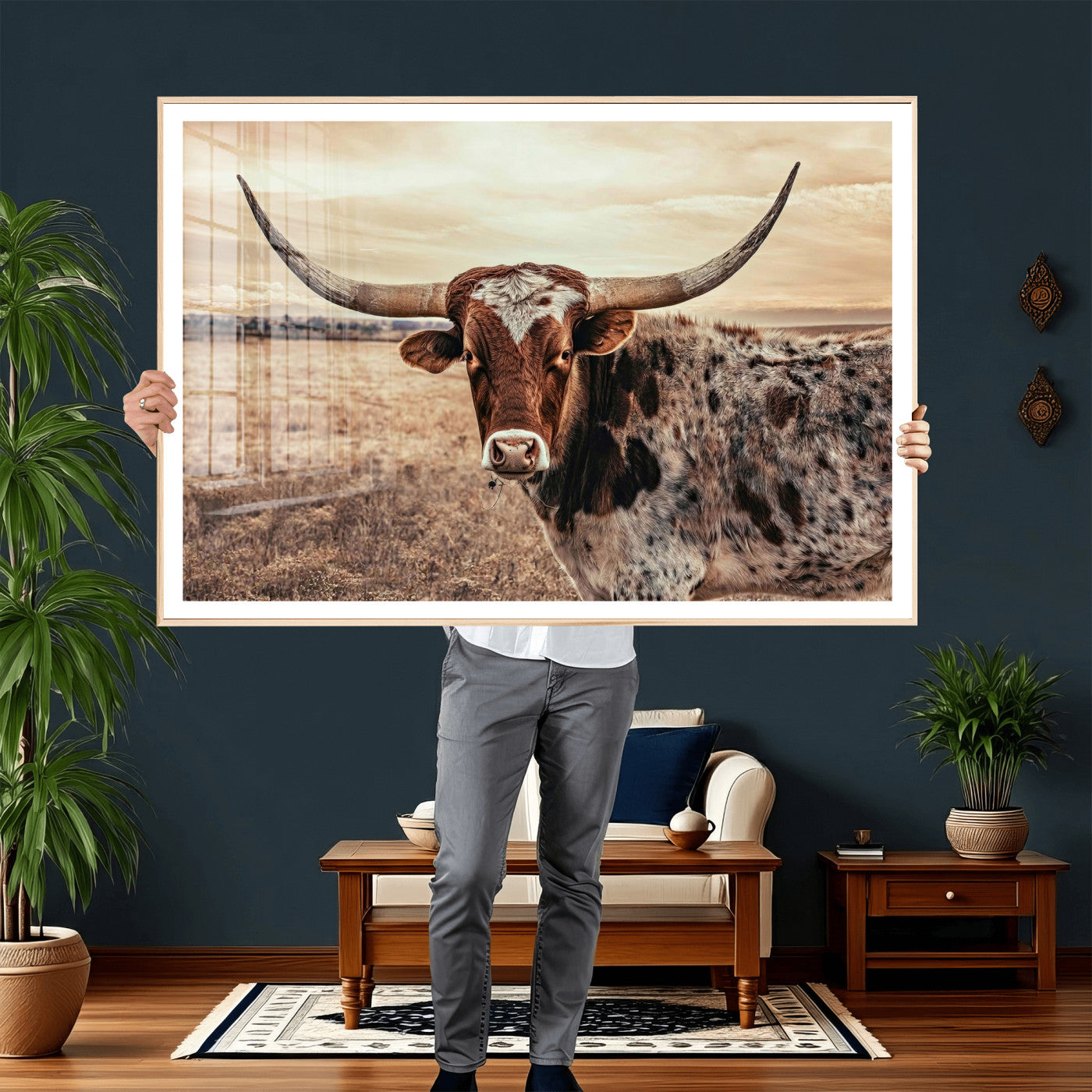 55805825-MGV-CV-36X24 - Texas Longhorn Wall Art Canvas Print – Western Cattle Ranch Artwork for Rustic Farmhouse Decor