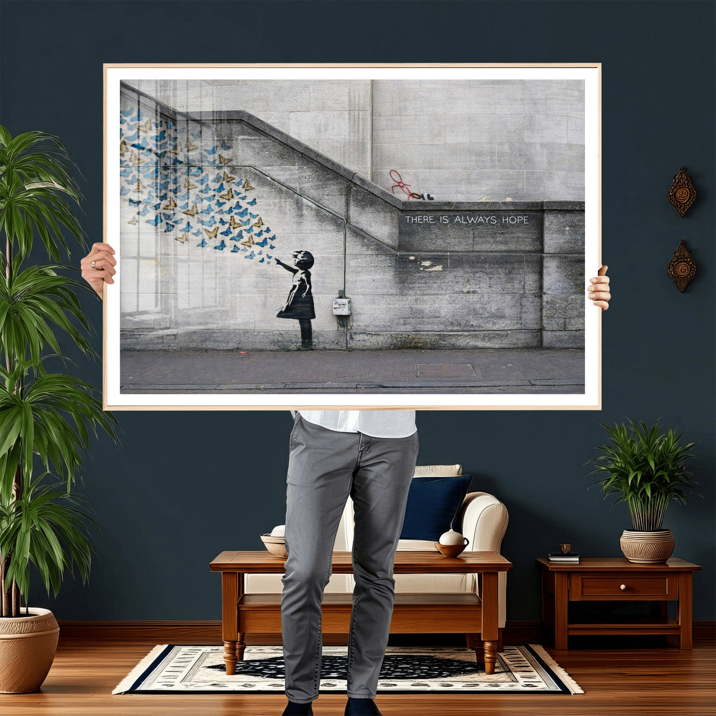 15274223-MGV-CV-36X24 - Banksy Girl with Butterflies Street Art Wall Art Canvas Print, Hope Graffiti Urban Art Canvas Print, Minimalist Inspirational Street Art Contemporary Art Printing