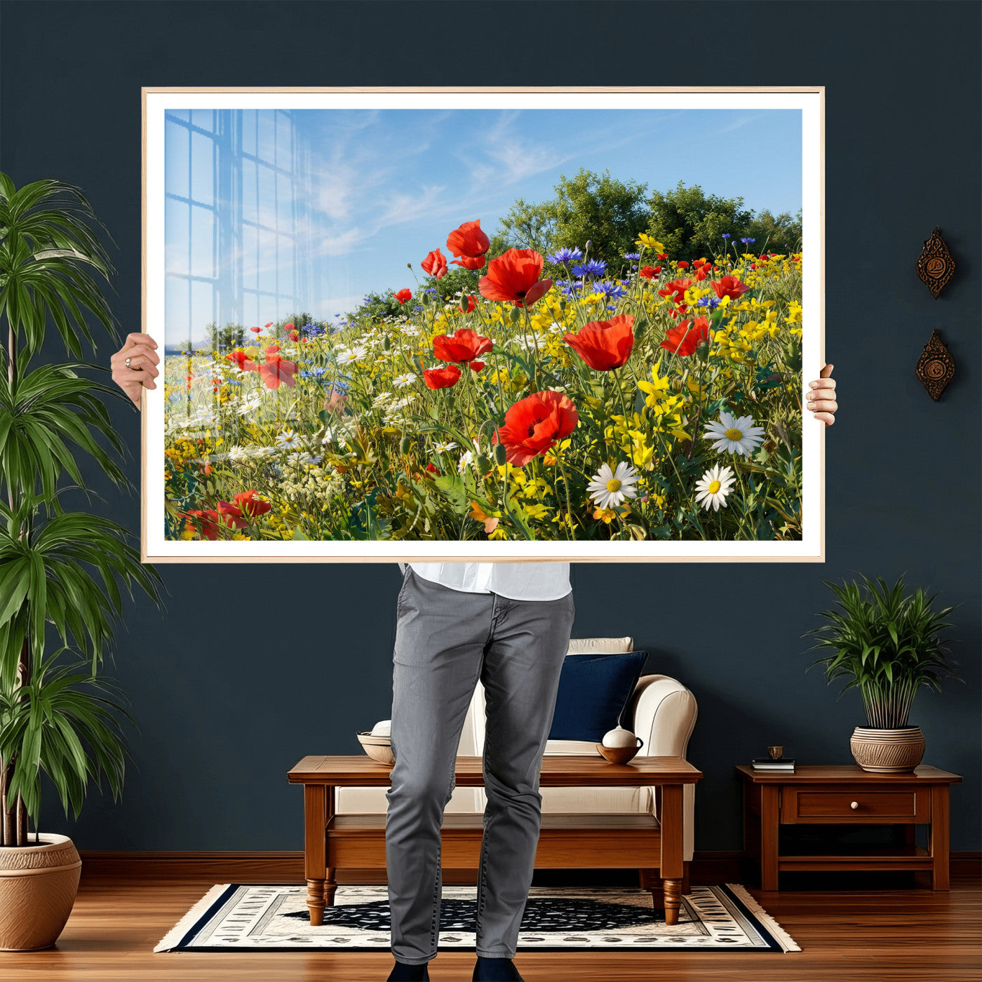 38570784-MGV-CV-36X24 - Wildflower Meadow Wall Art Canvas Print – Colorful Poppy and Daisy Field Landscape Artwork for Living Room Decor