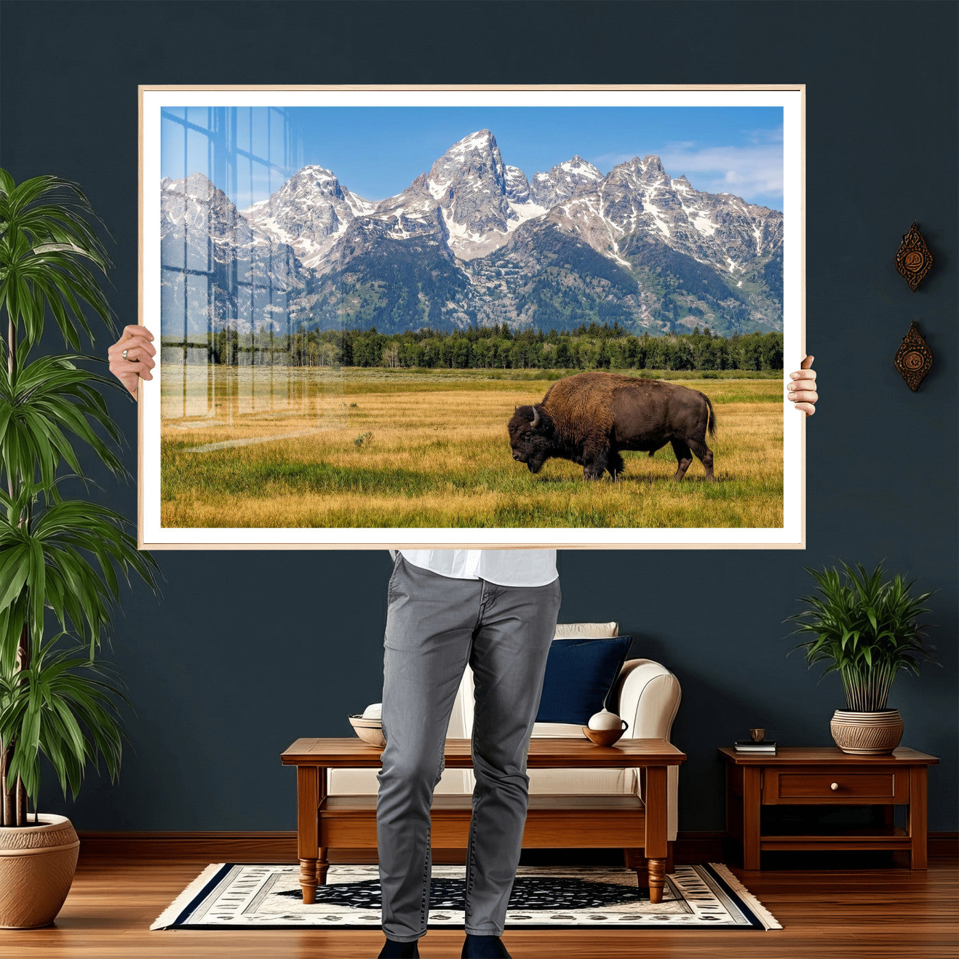 20424529-MGV-CV-36X24 - Bison in Mountain Landscape Wall Art Canvas Print – Western Wildlife Artwork for Rustic Living Room Decor