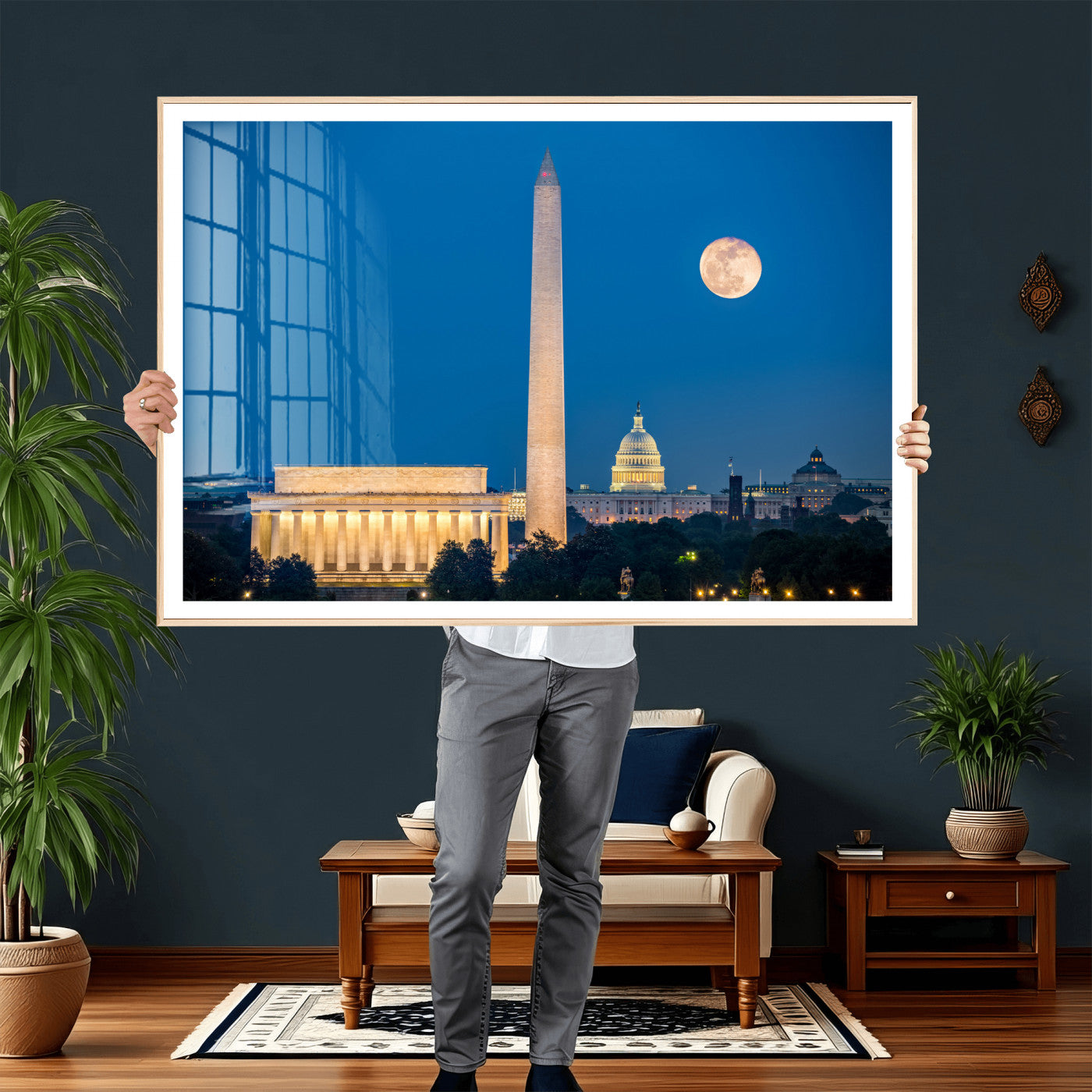 96712946-MGV-CV-36X24 - Washington DC Skyline Wall Art Canvas Print – Lincoln Memorial, Washington Monument and US Capitol Night Cityscape Artwork