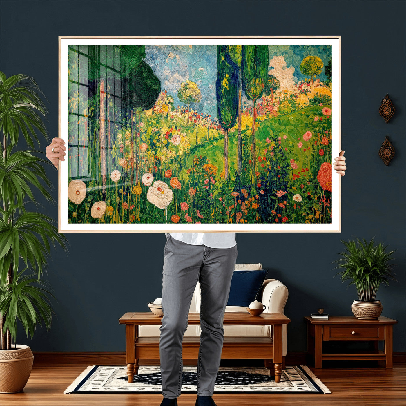83517974-MGV-CV-36X24 - Gustav Klimt Boho Mountain Landscape Large Wall Art, Horizontal Gold Framed Canvas Print with Sun and Flowers