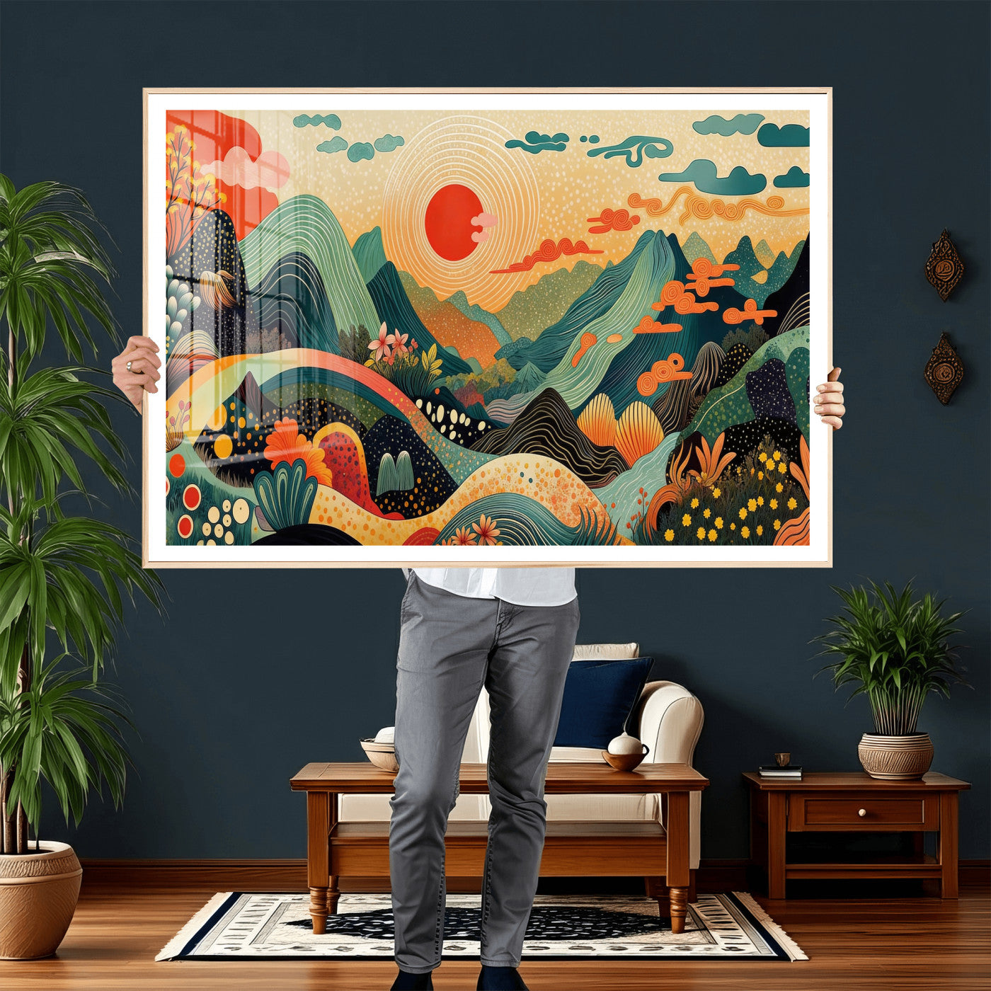 29927191-MGV-CV-36X24 - Yayoi Kusama Boho Mountain Landscape Large Wall Art, Horizontal Gold Framed Canvas Print with Sun and Flowers