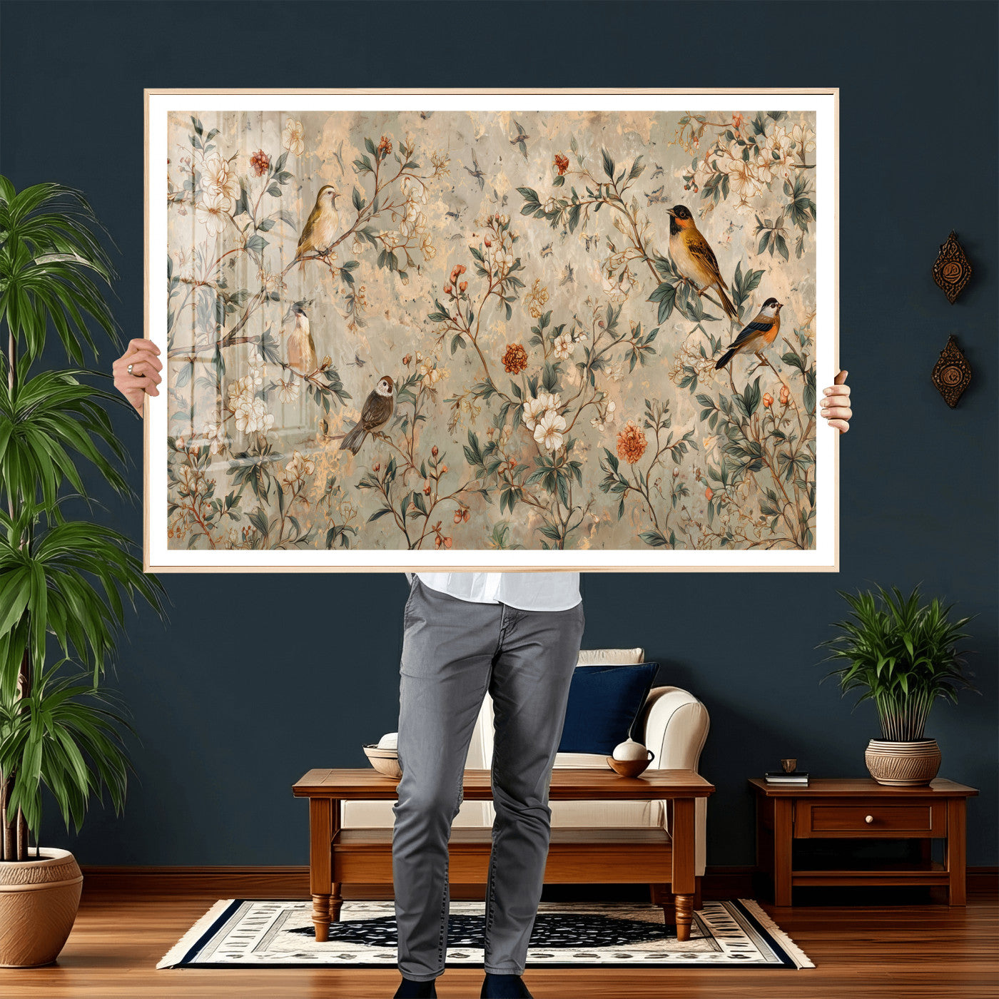 76588438-MGV-CV-36X24 - Vintage Birds and Flowers Wall Art Canvas Print, Botanical Bird Painting Canvas Print, Floral Garden Bird Artwork Canvas Print, Classic Bird Flower Painting Canvas Print