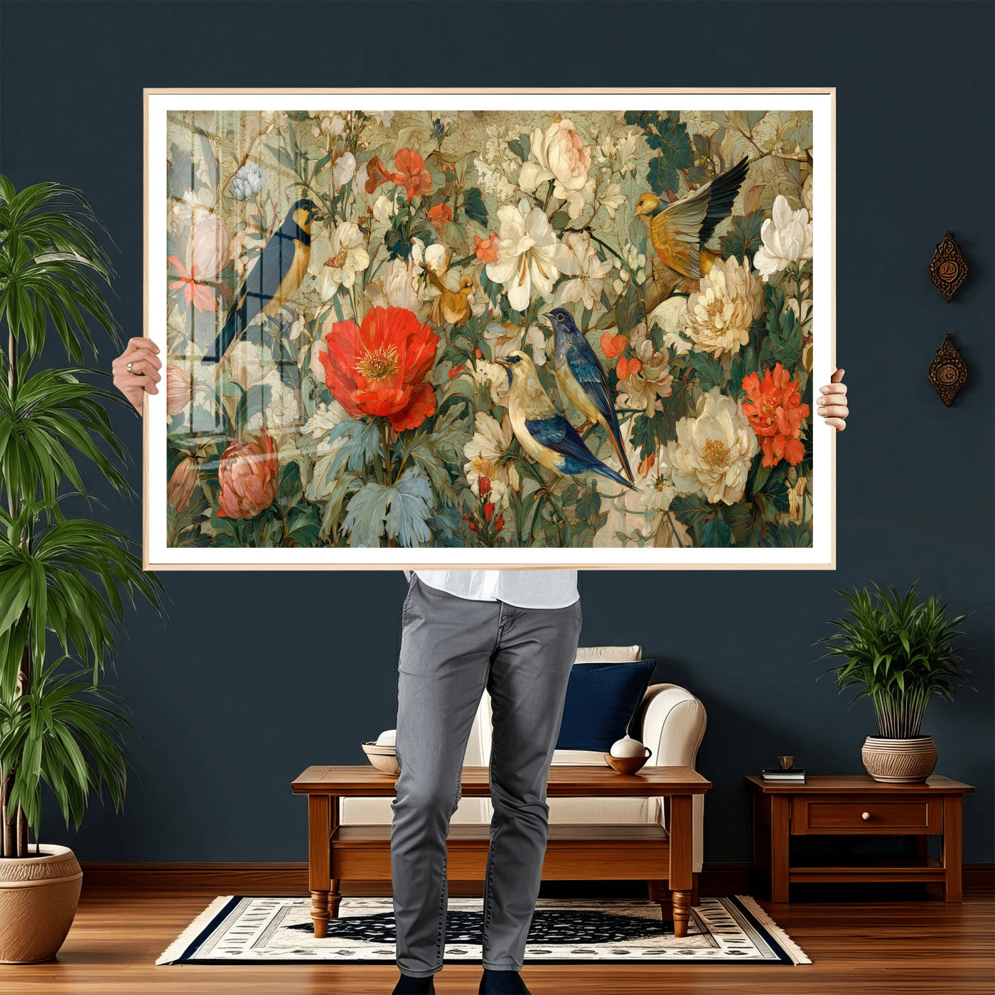 52904757-MGV-CV-36X24 - Vintage Birds and Flowers Wall Art Canvas Print, Botanical Bird Painting Canvas Print, Floral Garden Bird Artwork Canvas Print, Classic Bird Flower Painting Canvas Print