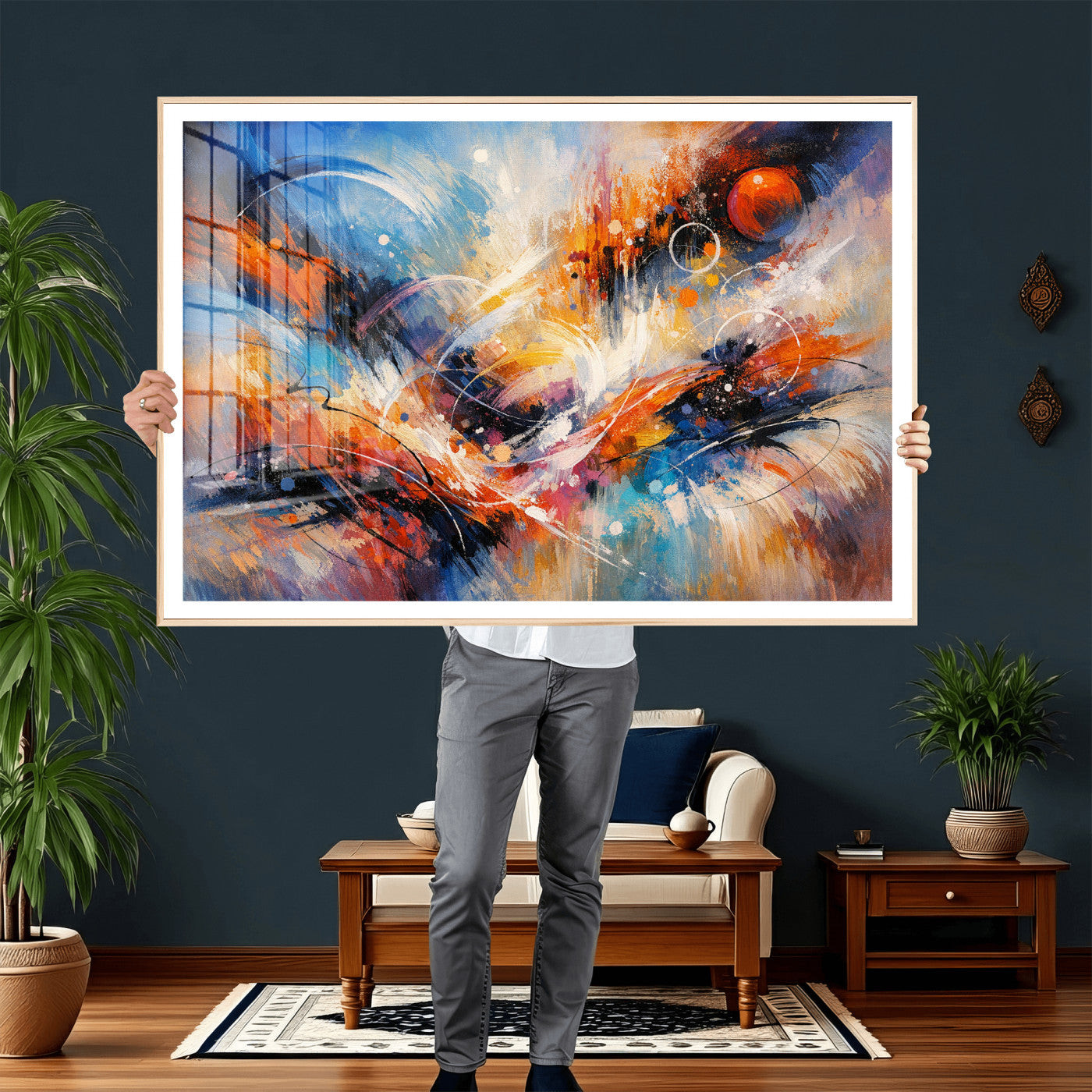 47770355-MGV-CV-36X24 - Geometric Abstract Wall Art Canvas Print, Orange Blue Abstract Expressionist Painting Print, Modern Geometric Abstract Canvas Art