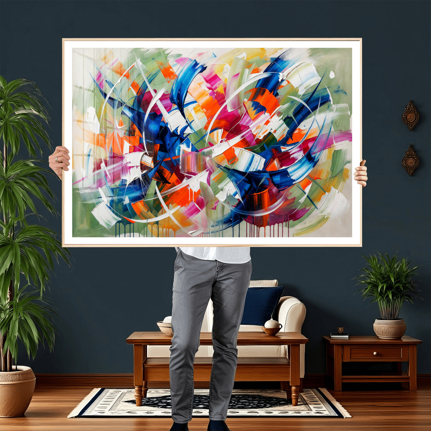 15032888-MGV-CV-36X24 - Geometric Abstract Wall Art Canvas Print, Orange Blue Abstract Expressionist Painting Print, Modern Geometric Abstract Canvas Art