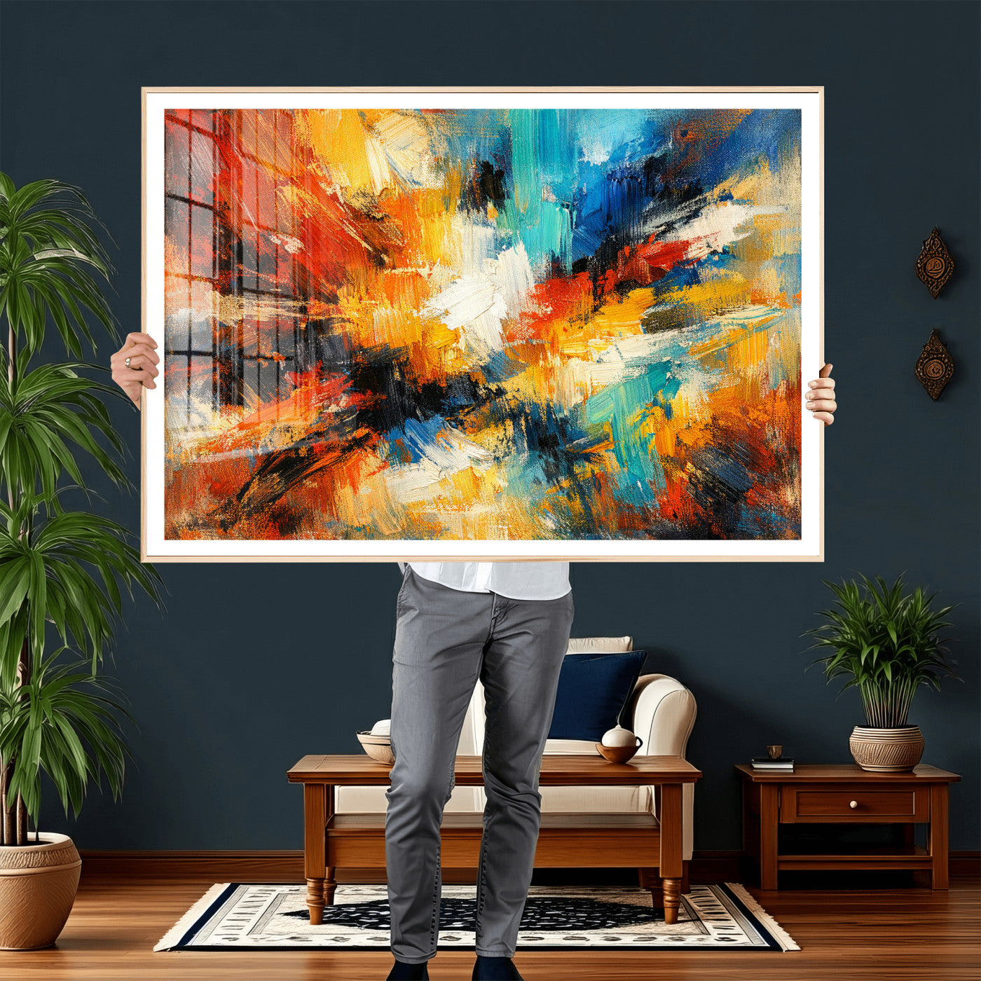 93167583-MGV-CV-36X24 - Geometric Abstract Wall Art Canvas Print, Orange Blue Abstract Expressionist Painting Print, Modern Geometric Abstract Canvas Art