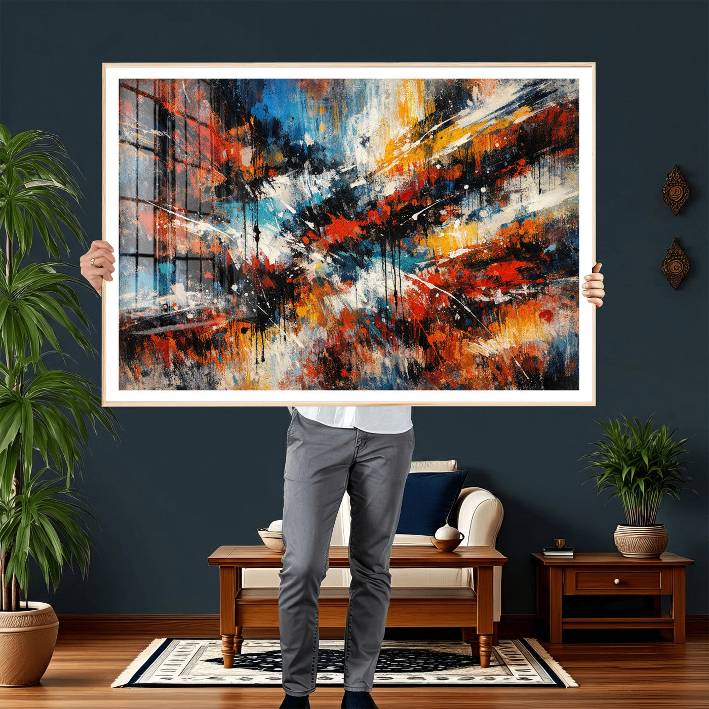 80276069-MGV-CV-36X24 - Geometric Abstract Wall Art Canvas Print, Orange Blue Abstract Expressionist Painting Print, Modern Geometric Abstract Canvas Art