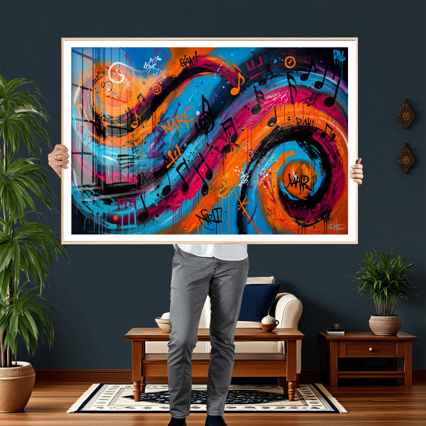 34936518-MGV-CV-36X24 - Geometric Abstract Wall Art Canvas Print, Orange Blue Abstract Expressionist Painting Print, Modern Geometric Abstract Canvas Art
