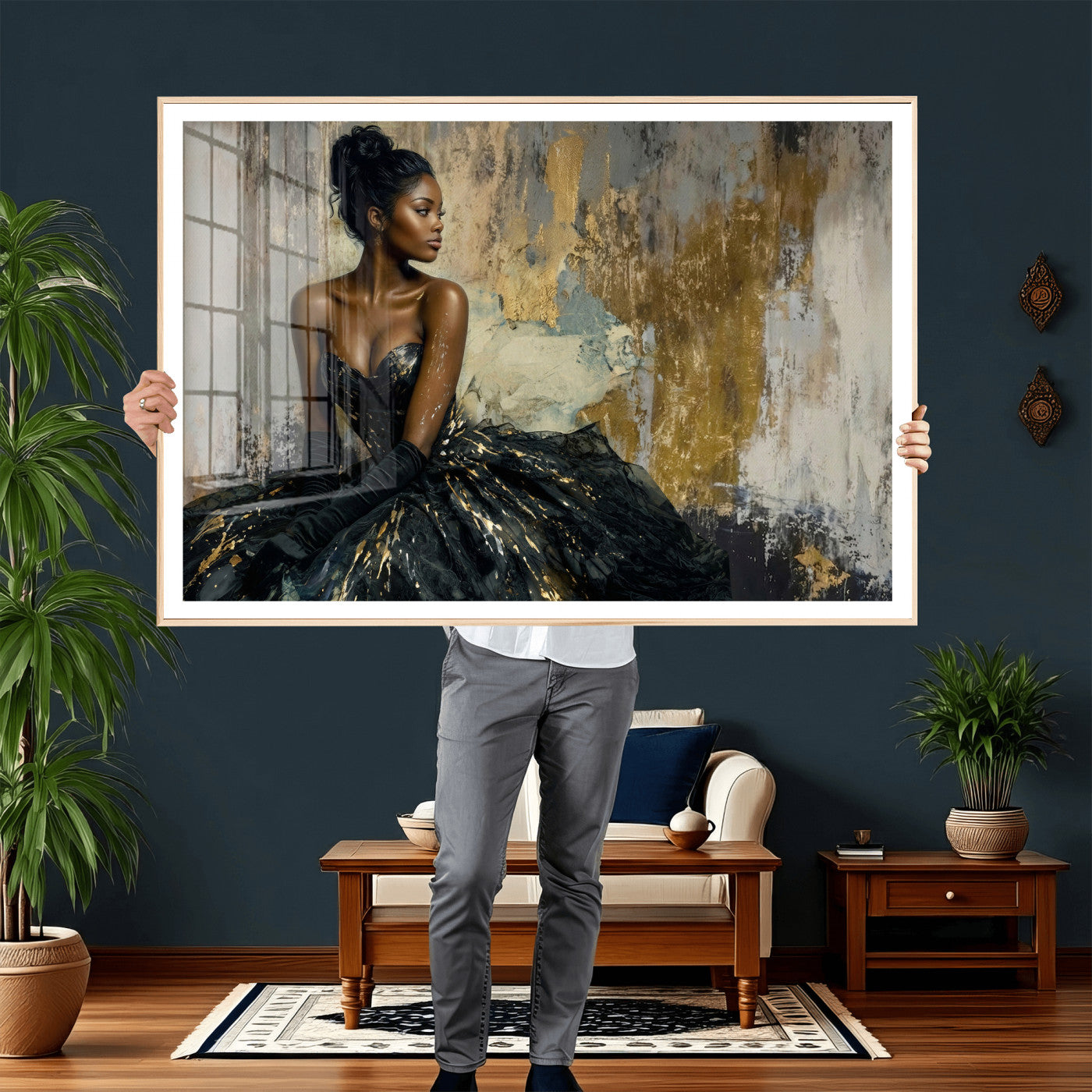 4712069Z1-MGV-CV-36X24 - Elegant Woman Canvas Wall Art — Black Gold Gown Fashion Print | Luxury Glam Wall Decor | African American Art | Bold Bedroom Wall Art Gift