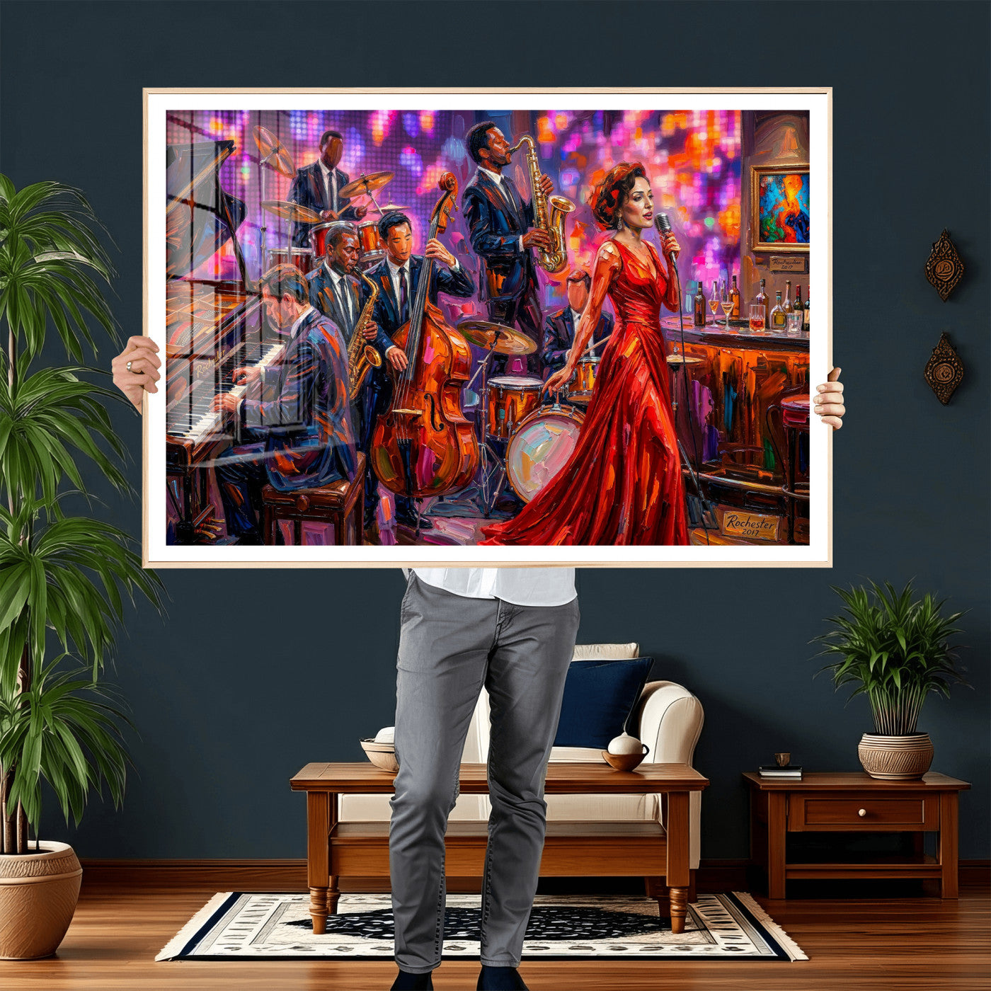 620930J20-MGV-CV-36X24 - Jazz Band Canvas Wall Art — Jazz Club Singer Saxophone Print | Music Wall Decor | Bar Restaurant Art | Music Lover Gift | Jazz Home Decor