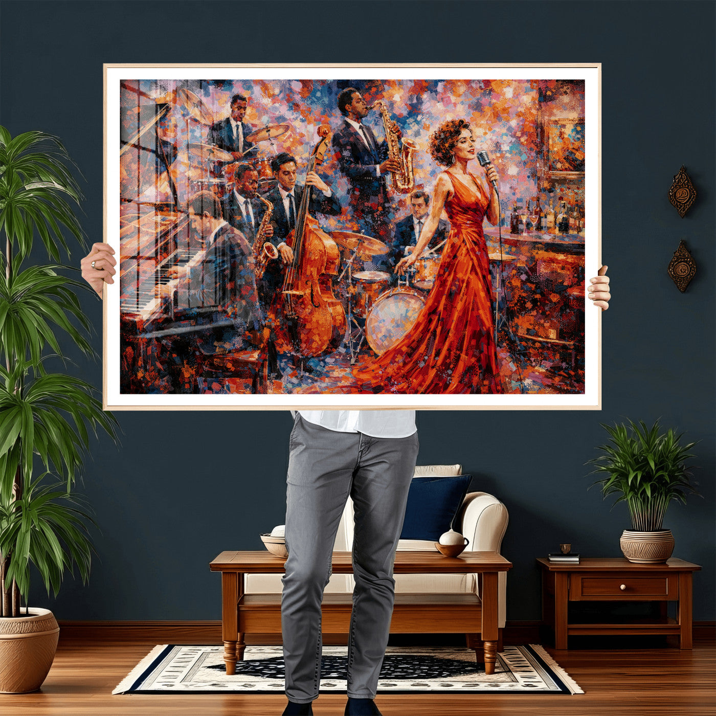 620930SF20-MGV-CV-36X24 - Jazz Band Canvas Wall Art — Jazz Club Singer Saxophone Print | Music Wall Decor | Bar Restaurant Art | Music Lover Gift | Jazz Home Decor