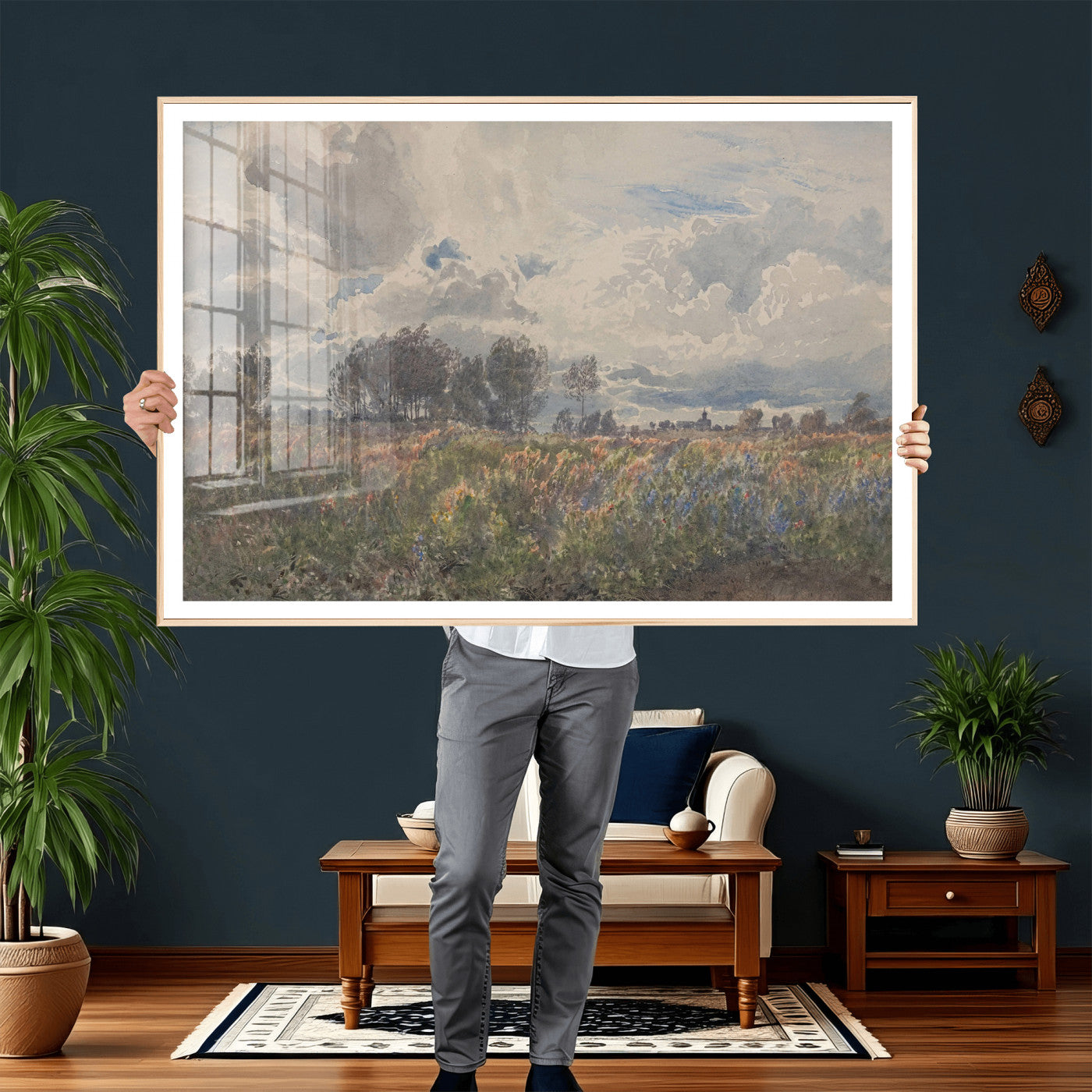 76626885-MGV-CV-36X24 - Vintage Watercolor Meadow Canvas Wall Art — English Pastoral Wildflower Storm Sky Print | Cottagecore Nature Decor | Classic Landscape Gift