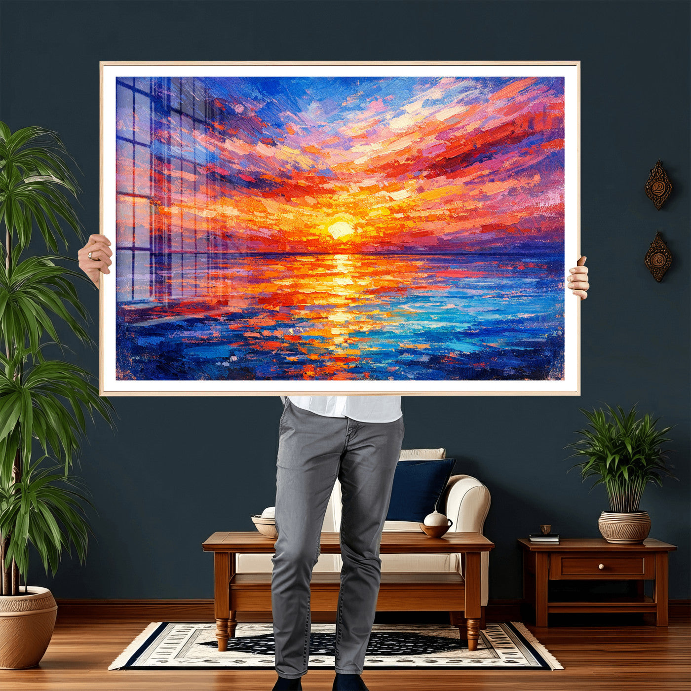 54915078-MGV-CV-36X24 - Colorful Knife Ocean Sunset Canvas — Orange Pink Teal Expressionist Sea Print | Colorful Coastal Wall Art | Vibrant Beach Decor Gift
