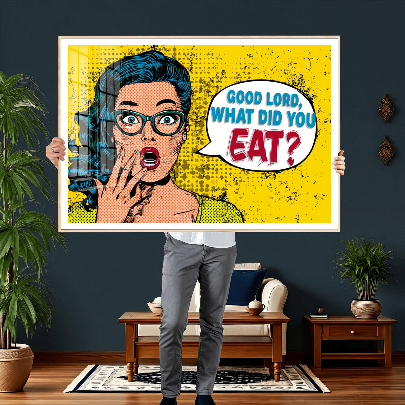 88217969-MGV-CV-36X24 - Pop Art Print Bathroom Sign Wall Art Canvas Print — Funny Bathroom Canvas | Comic Style Toilet Wall Decor | Humor Gift | Yellow Bold Bathroom Art