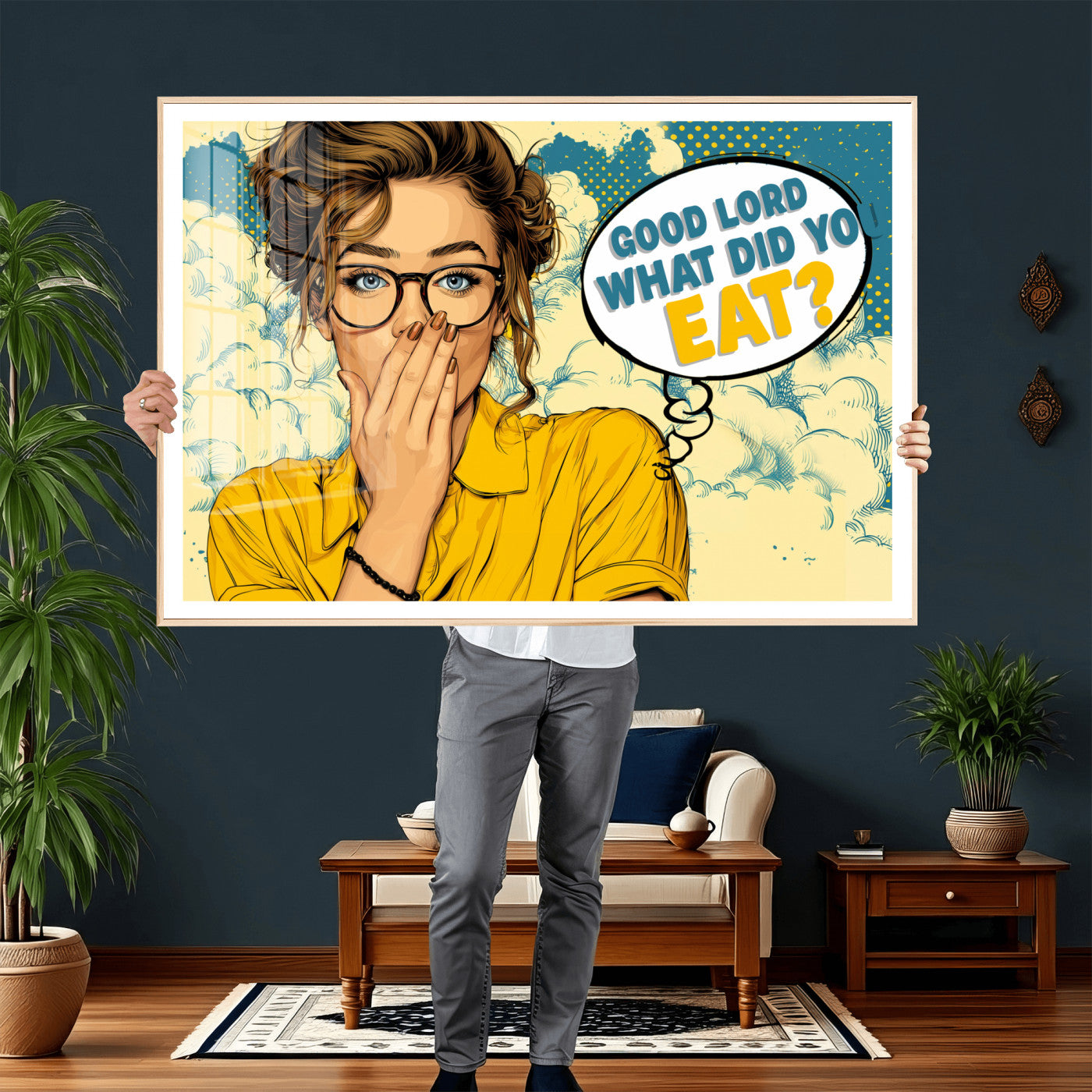 35819669-MGV-CV-36X24 - Pop Art Print Bathroom Sign Wall Art Canvas Print — Funny Bathroom Canvas | Comic Style Toilet Wall Decor | Humor Gift | Yellow Bold Bathroom Art