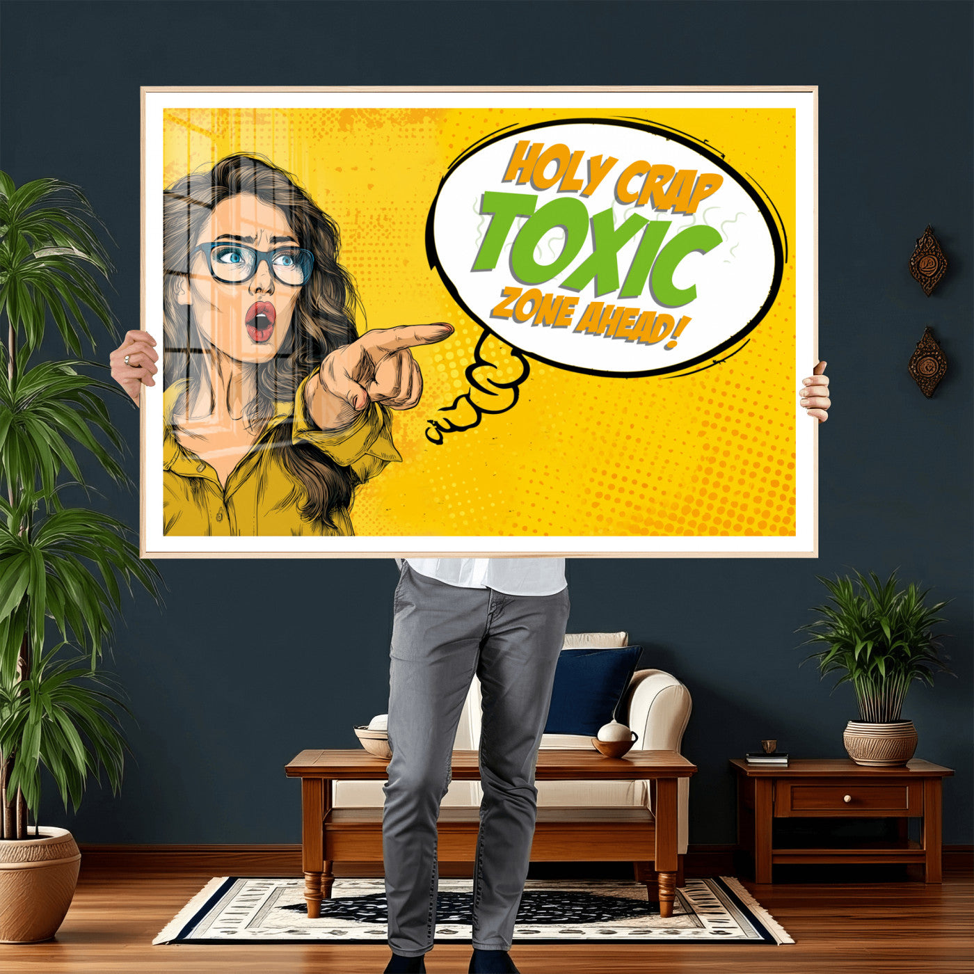 79156505-MGV-CV-36X24 - Pop Art Print Bathroom Sign Wall Art Canvas Print — Funny Bathroom Canvas | Comic Style Toilet Wall Decor | Humor Gift | Yellow Bold Bathroom Art