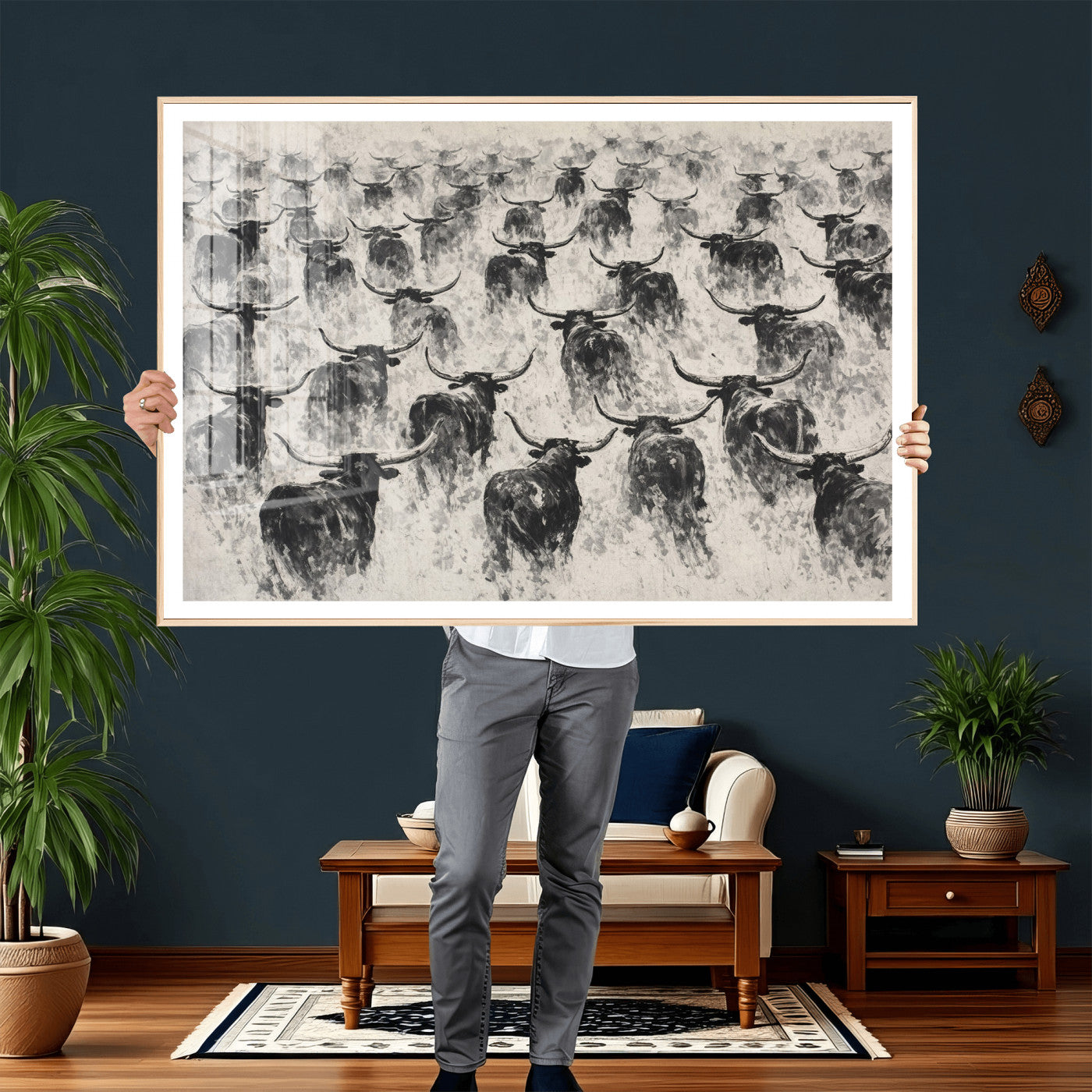 73328525-MGV-CV-36X24 - Texas Longhorn Drawing Canvas Wall Art, Western Cattle Stampede Painting Print, Warm Amber Ranch Decor, Rustic Cowboy Home Art, Large Living Room Decor