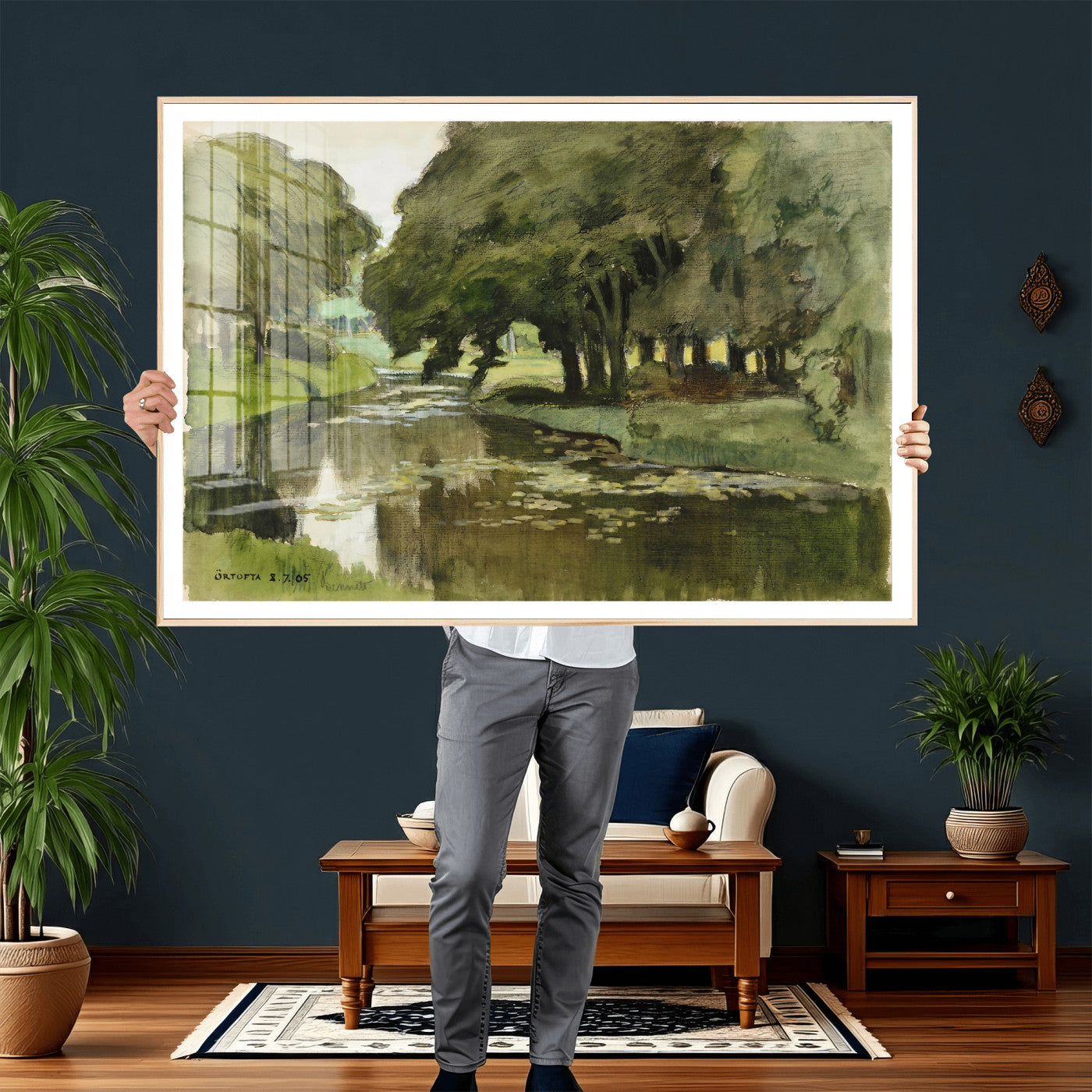 54446767-MGV-CV-36X24 - Anders Zorn Watercolor Canvas Print, Örtofta 1905 Swedish River Landscape, Impressionist Nature Art, Scandinavian Wall Decor, Plein Air Painting Print