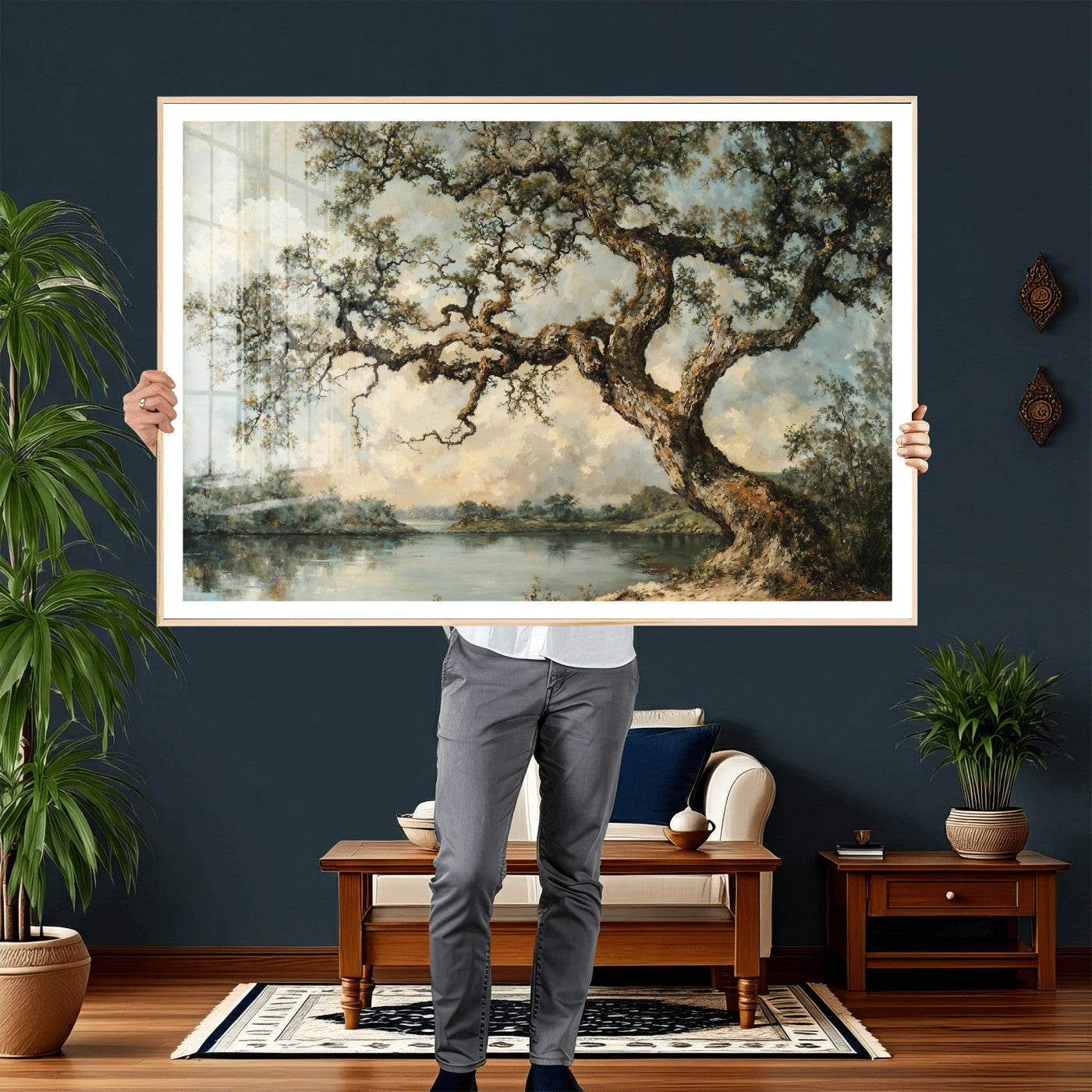 63857726-MGV-CV-36X24 - Old Oak Tree Canvas Wall Art, Turner Inspired Romantic Landscape Print, Vintage Nature Painting, Living Room Wall Decor, Antique Style Tree Art