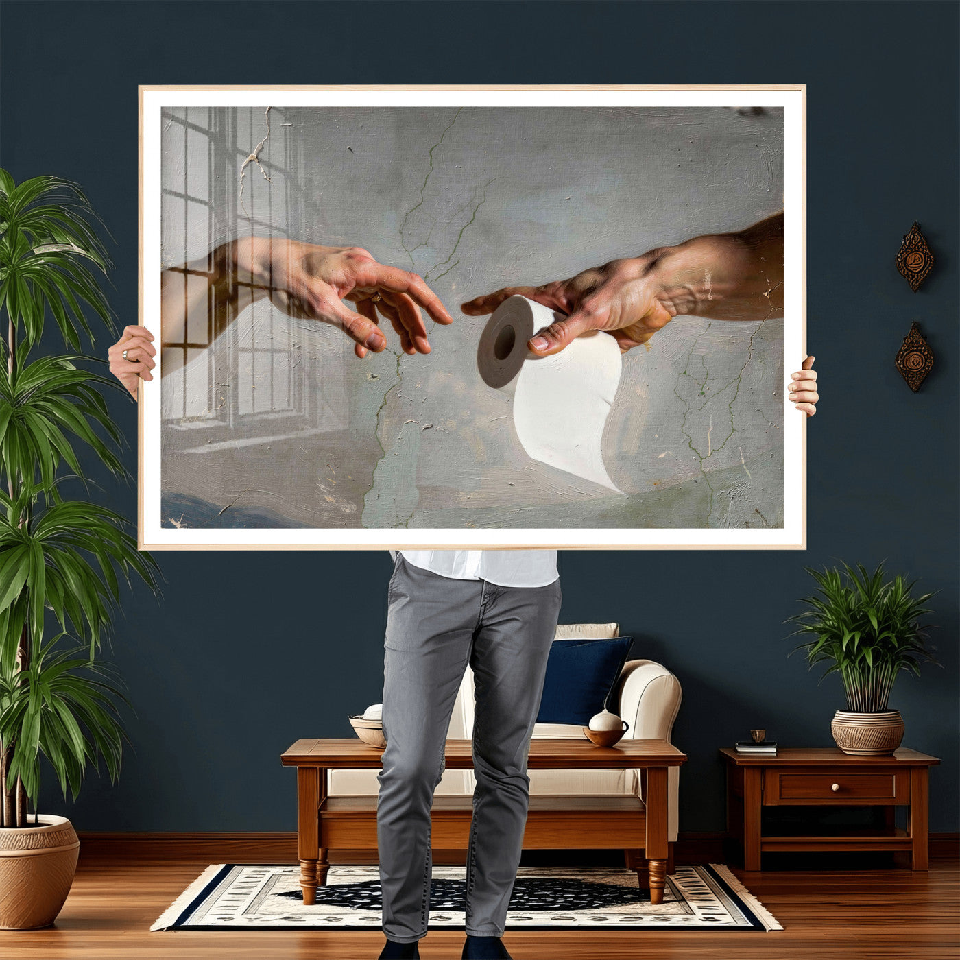 72030048-MGV-CV-36X24 - Funny Bathroom Wall Art Canvas, Creation of Toilet Paper Parody Print, Renaissance Humor Decor, Toilet Room Art, Quirky Housewarming Gift, Classic Art Spoof