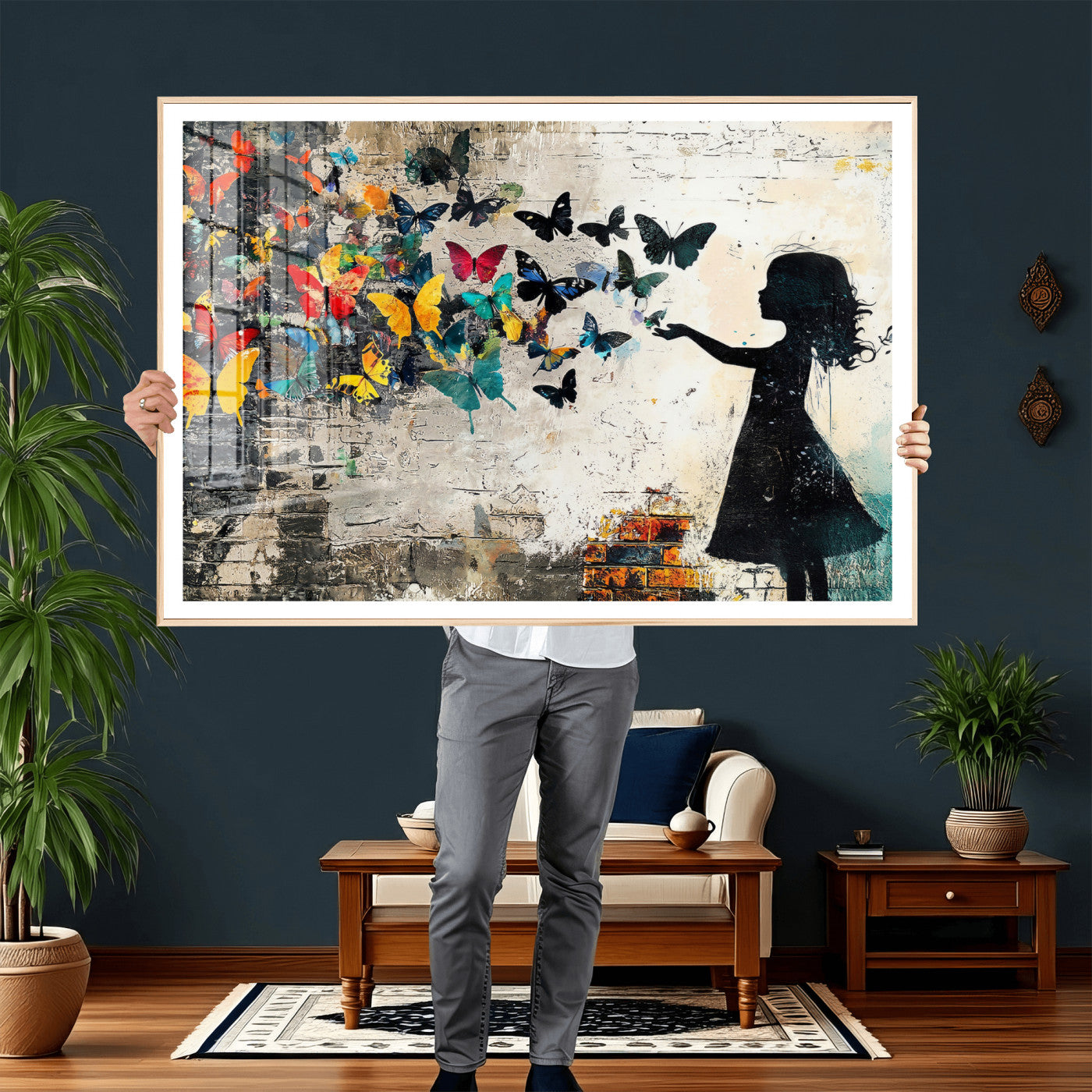 33909022-MGV-CV-36X24 - Banksy Butterfly Girl Wall Art Canvas Print, Framed Street Art Silhouette Graffiti Artwork, Colorful Butterfly Wall Decor for Living Room Bedroom Office
