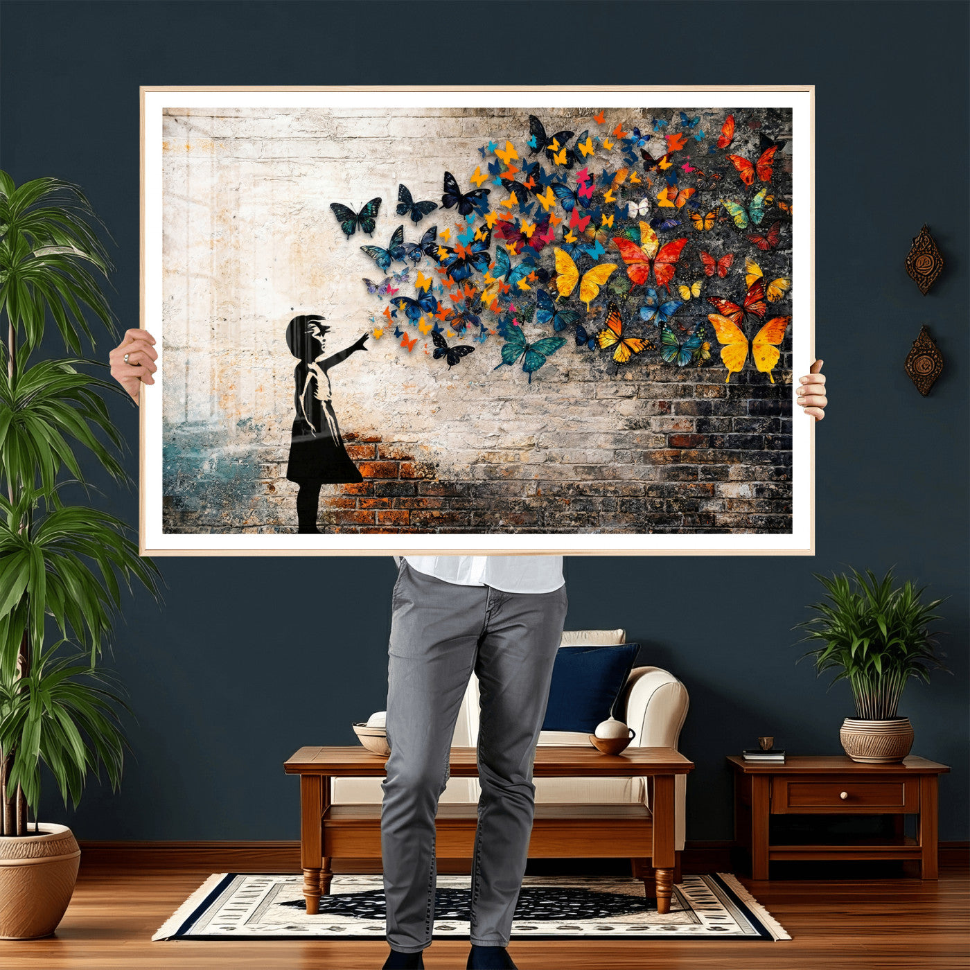 78760384-MGV-CV-36X24 - Banksy Graffiti Butterfly Girl Wall Art Canvas Print, Framed Street Art Canvas Print, Silhouette Butterfly Wall Art for Living Room Bedroom Office