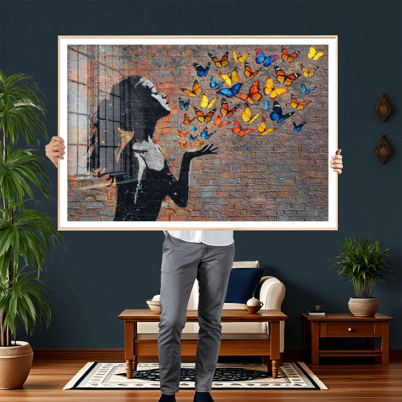 10555939-MGV-CV-36X24 - Urban Banksy Butterfly Girl Wall Art Canvas Print, Framed Street Art Canvas Print, Graffiti Silhouette Butterfly Wall Art for Living Room Bedroom Office