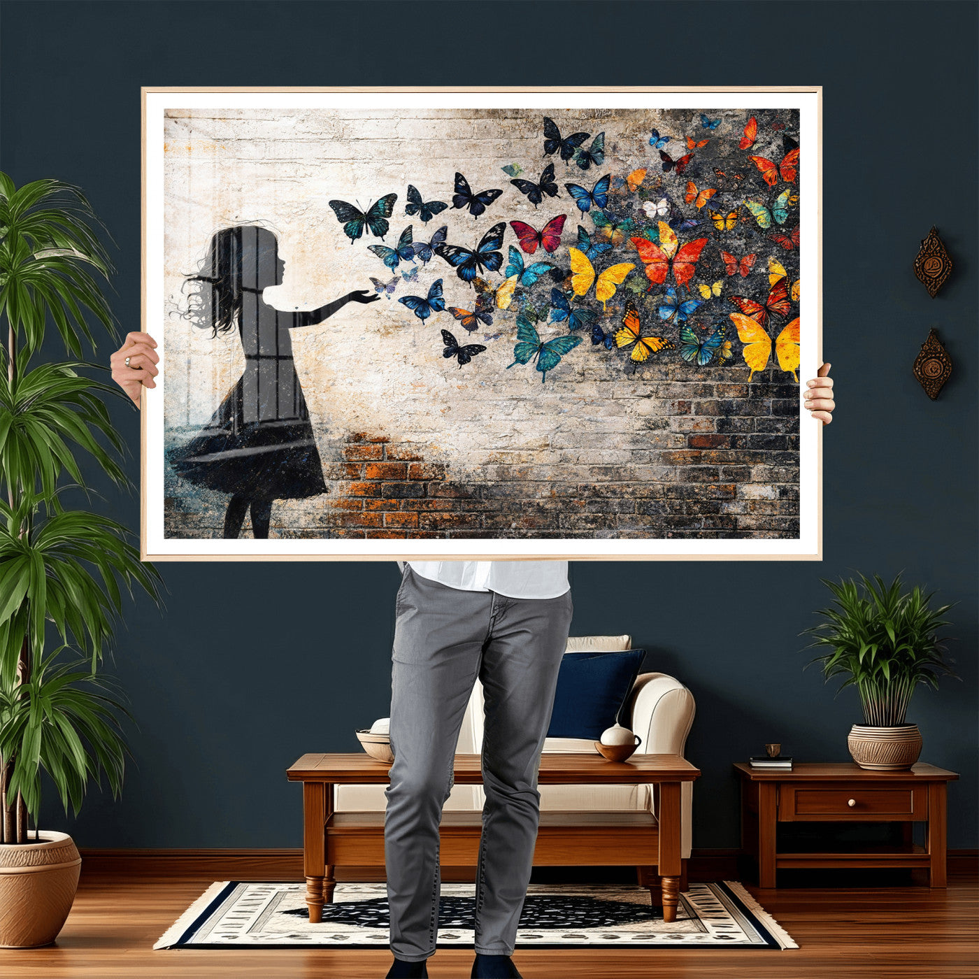 70522594-MGV-CV-36X24 - Banksy Butterfly Girl Wall Art Canvas Print, Framed Street Art Canvas Print, Graffiti Silhouette Butterfly Wall Art for Living Room Bedroom Office