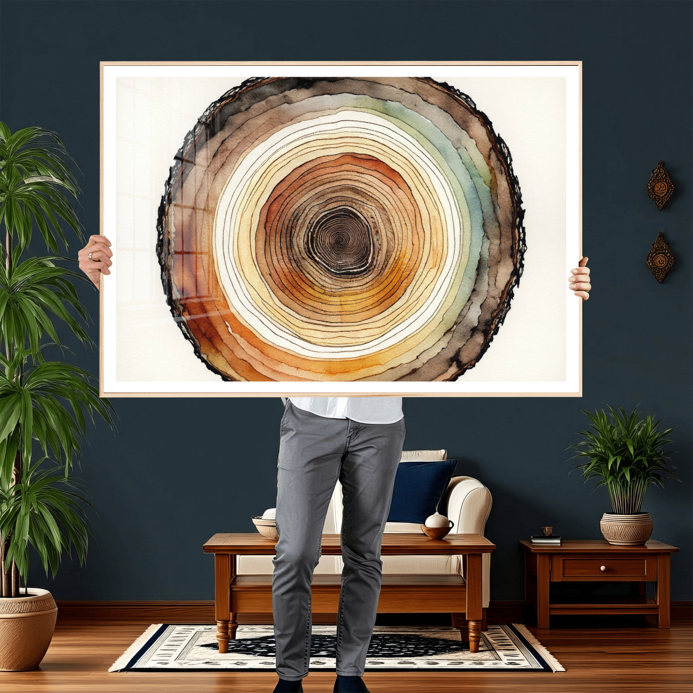13719680-MGV-CV-36X24 - Natural Wood Slice Wall Art Canvas Print, Tree Ring Wall Art, Framed Abstract Nature Wall Decor, Earth Tone Statement Canvas Print