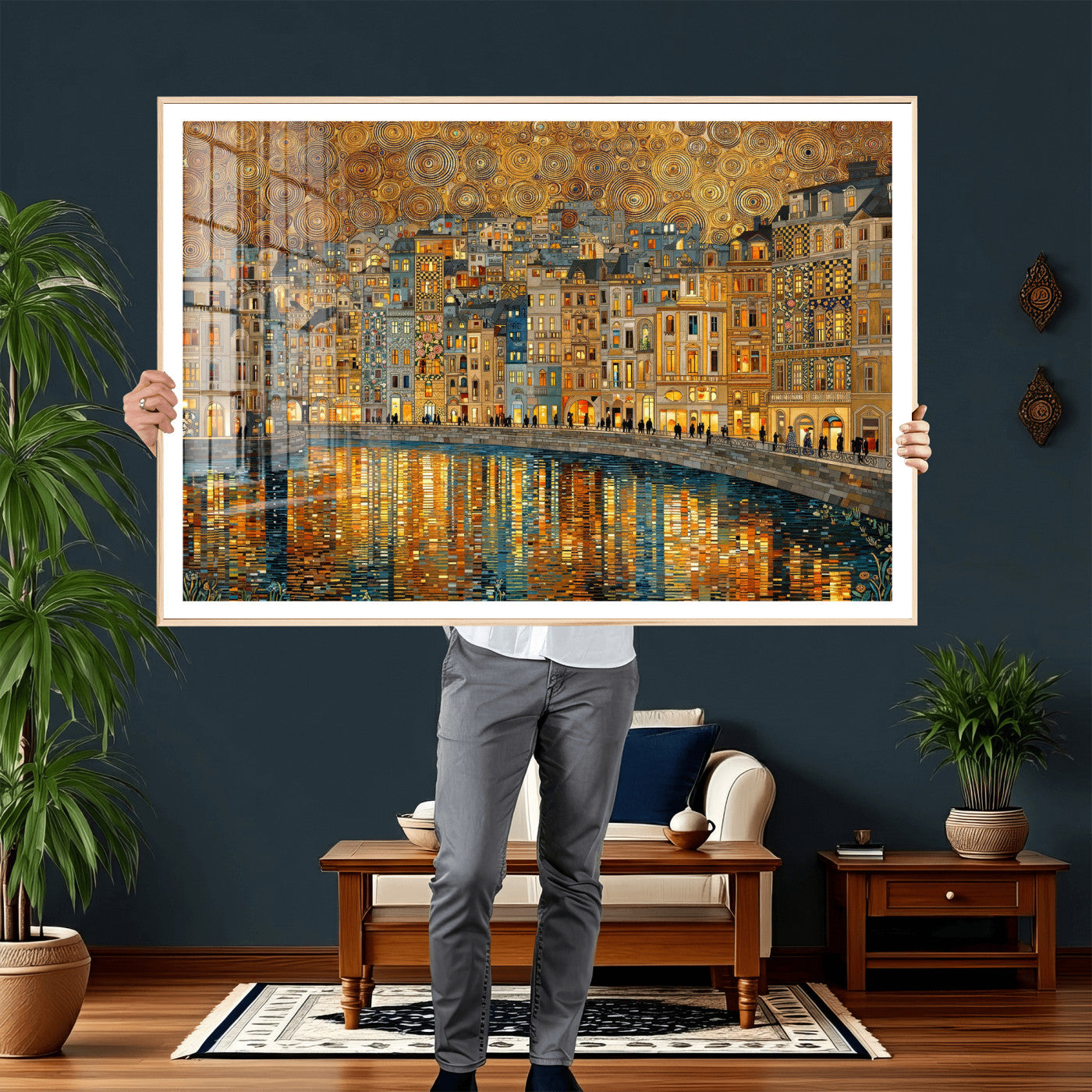 94022787-MGV-CV-36X24 - Gustav Klimt Golden Cityscape Wall Art Canvas Print, Framed River Town Landscape Artwork, Ornate Architecture Wall Decor for Living Room Bedroom Office