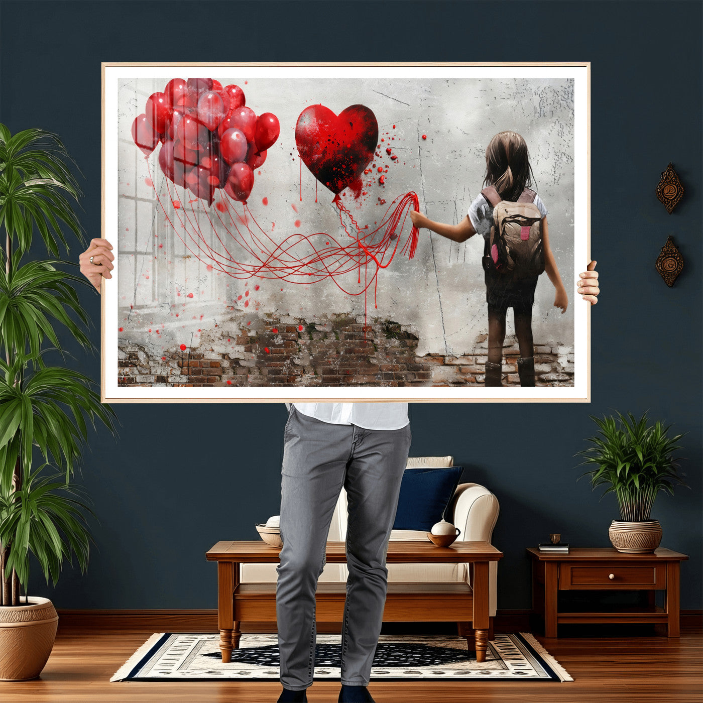 2162830T-MGV-CV-36X24 - Girl Graffiti Wall Art Canvas Print, Red Balloon Heart Street Art, Urban Love Artwork for Living Room Bedroom Hallway Office, Modern Abstract Canvas Wall Decor Home Decor