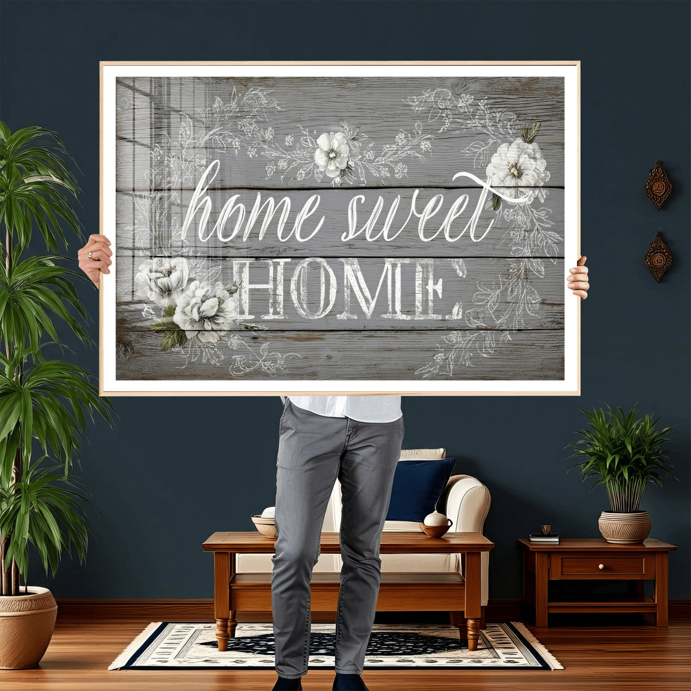 42160089-MGV-CV-36X24 - Home Sweet Home Sign Wall Art Canvas Print, Floral Farmhouse Sign, Rustic Neutral Entryway Bedroom Living Room Decor