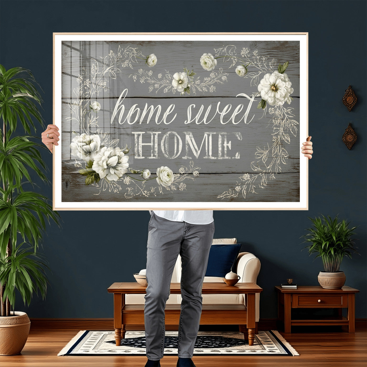 32056075-MGV-CV-36X24 - Home Sweet Home Wall Art Canvas Print, Floral Farmhouse Sign, Rustic Neutral Entryway Bedroom Living Room Decor