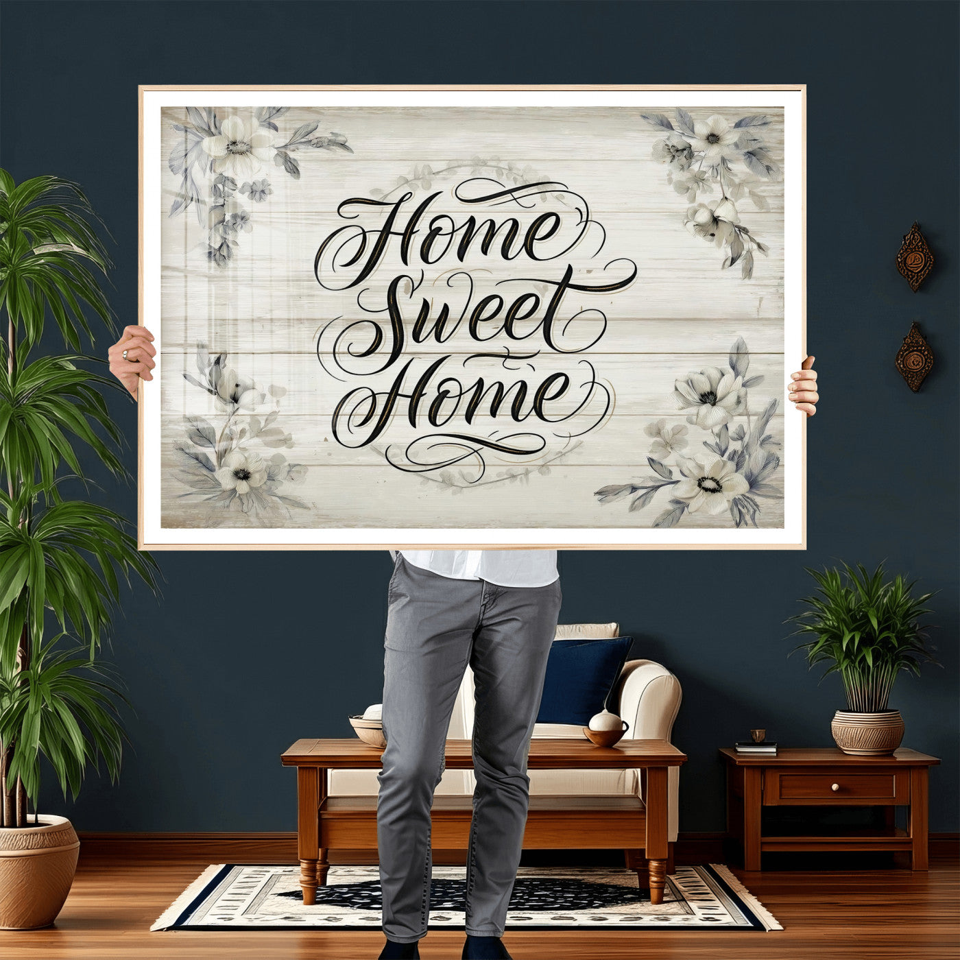 11120405-MGV-CV-36X24 - Home Sweet Home Wall Art Canvas Print, Floral Farmhouse Sign, Rustic Neutral Entryway Bedroom Living Room Decor