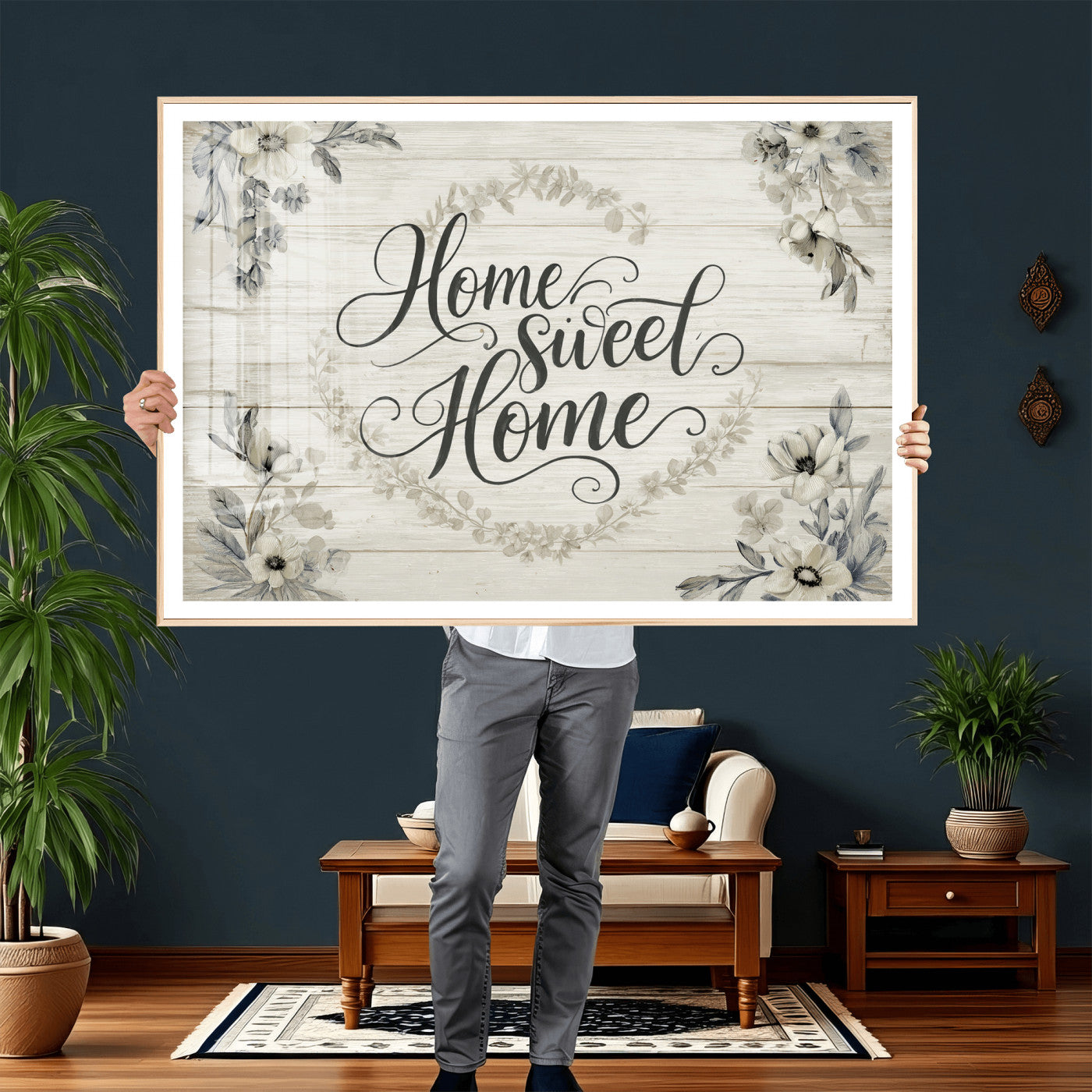 81157008-MGV-CV-36X24 - Home Sweet Home Wall Art Canvas Print, Floral Farmhouse Sign, Rustic Neutral Entryway Bedroom Living Room Decor