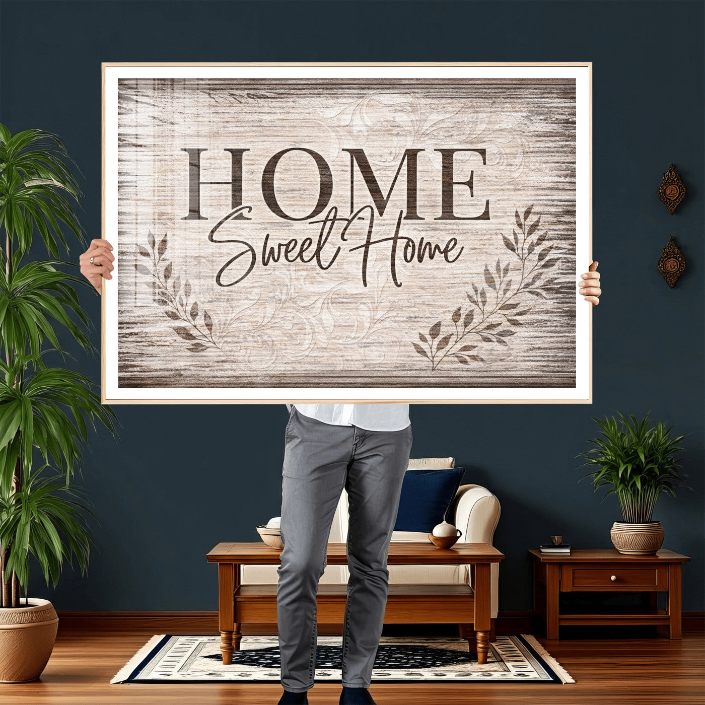 81157008S-MGV-CV-36X24 - Home Sweet Home Wall Art Canvas Print, Floral Farmhouse Sign, Rustic Neutral Entryway Bedroom Living Room Decor