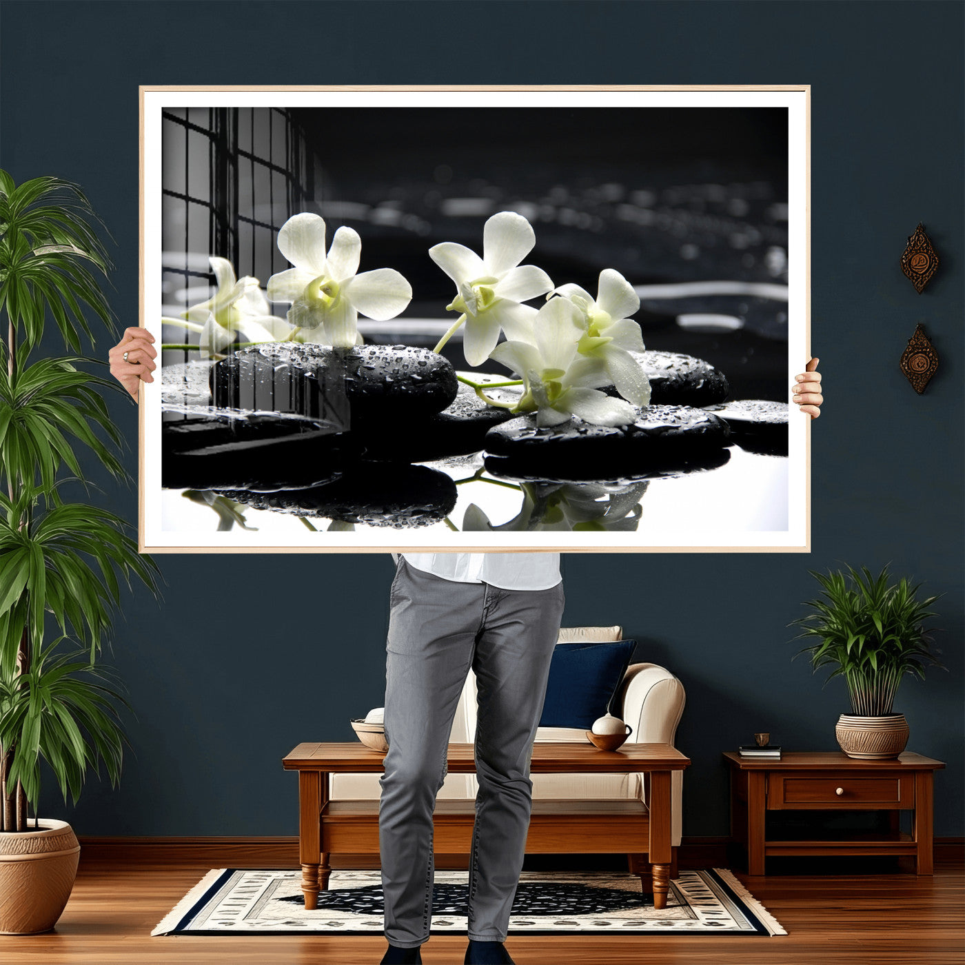 79486206-MGV-CV-36X24 - Plumeria Frangipani Black Stone Canvas | White Flower Spa Photography Print | Tropical Zen Wall Art | Grey Pebble Floral for Meditation Room Decor
