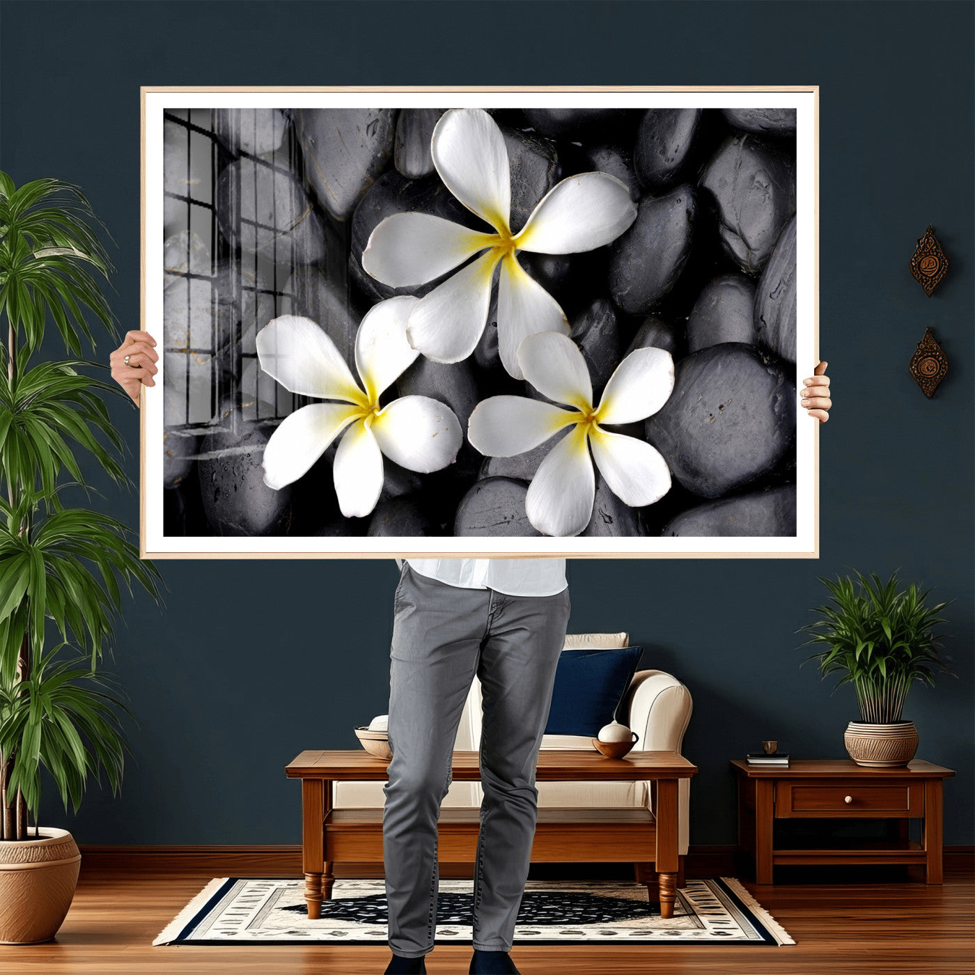 43639613-MGV-CV-36X24 - Plumeria Frangipani Black Stone Canvas | White Flower Spa Photography Print | Tropical Zen Wall Art | Grey Pebble Floral Decor